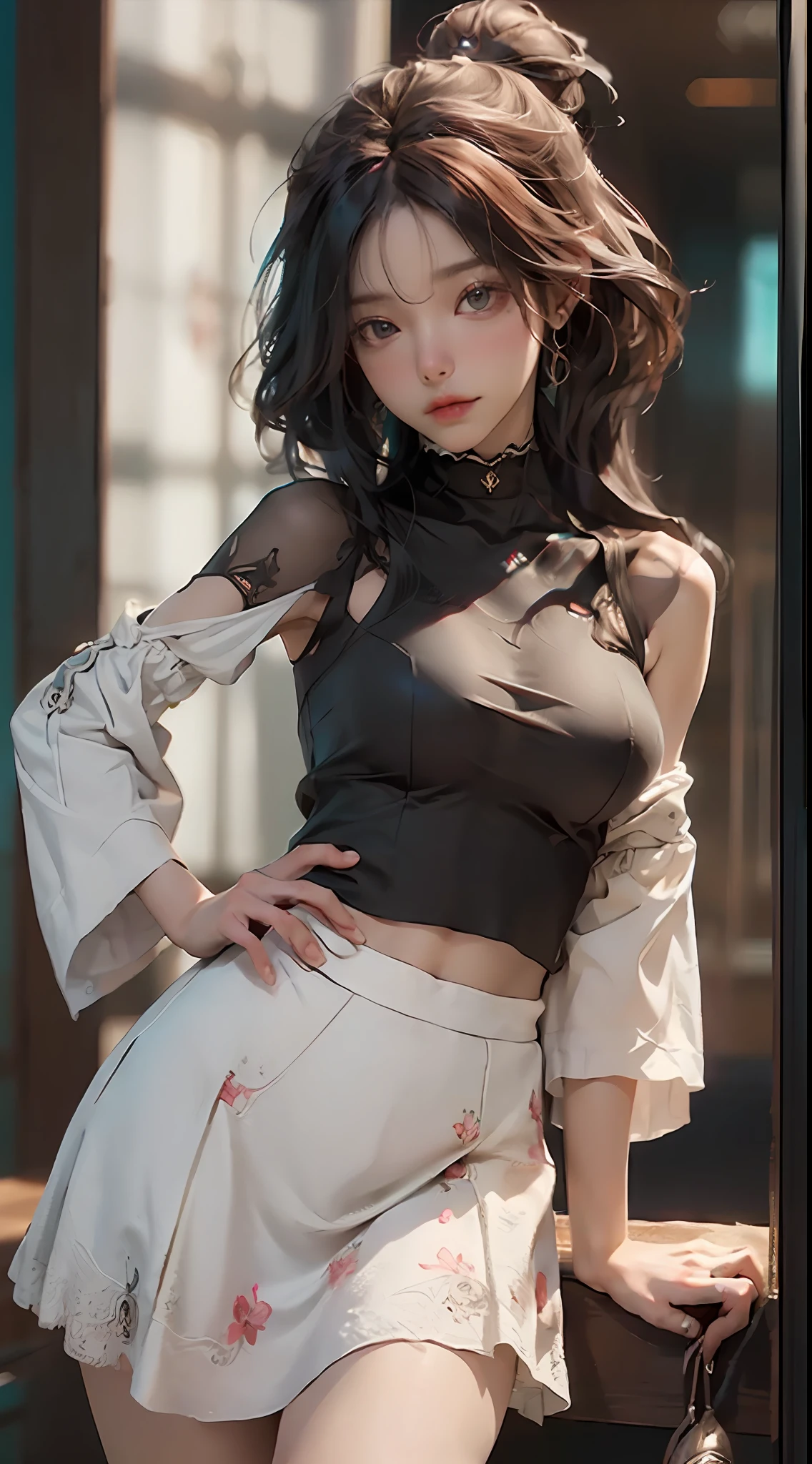 ((best qualtiy)), ((tmasterpiece)), (the detail:1.4), 3D, A beautiful hip skirt female image,HDR(HighDynamicRange),Ray traching,NVIDIA RTX,Super-Resolution,Unreal 5,Subsurface scattering、PBR Texture、post-proces、Anisotropy Filtering、depth of fields、maximum definition and sharpness、Many-Layer Textures、Albedo e mapas Speculares、Surface Coloring、Accurate simulation of light-material interactions、perfectly proportions、Octane Render、Two-colored light、largeaperture、Low ISO、White balance、the rule of thirds、8K RAW、