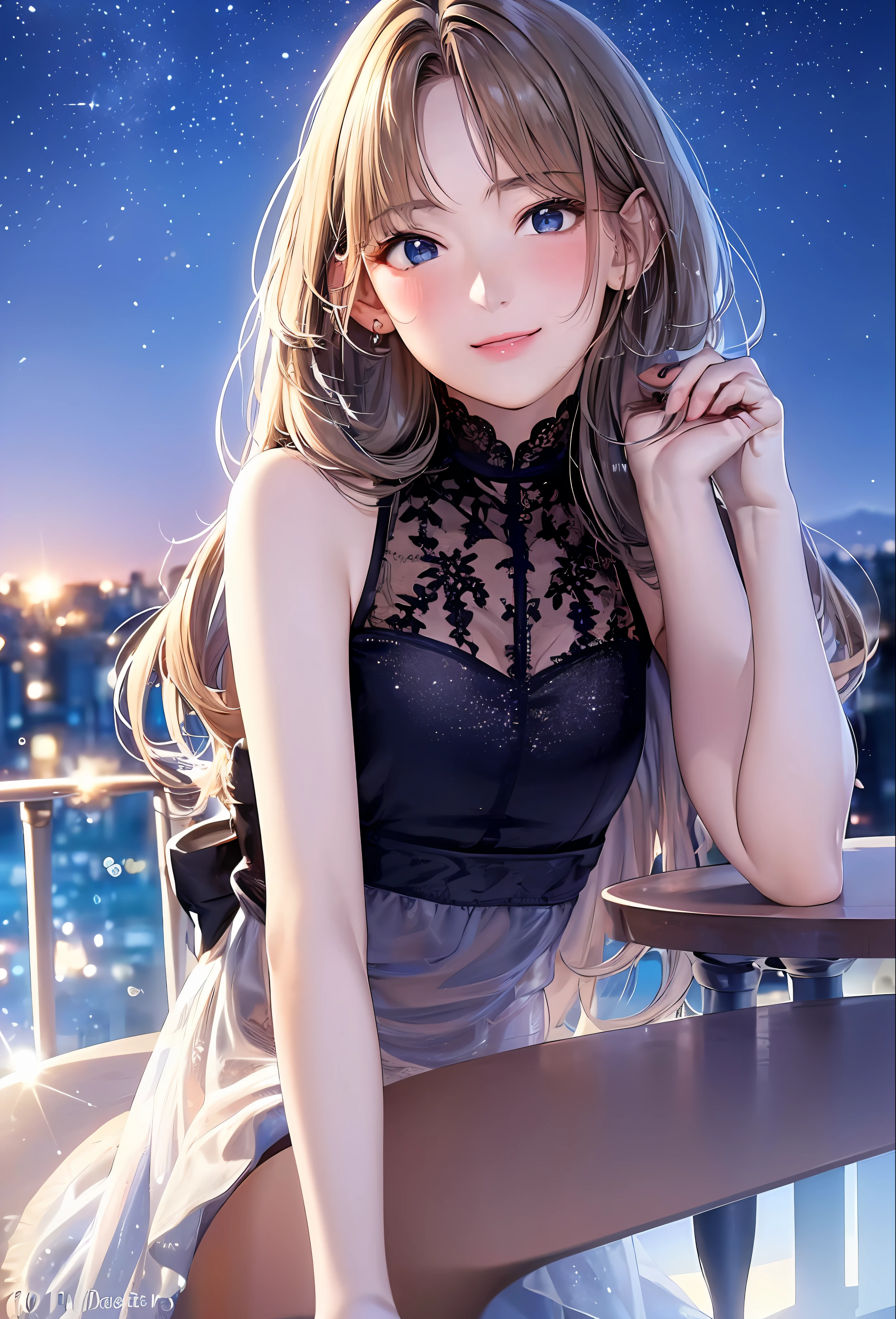 (8k, top quality, masterpiece: 1.2), (realistic, photorealistic: 1.37), super detailed, girl single, cute, solo, midnight, beautiful detailed sky, detailed café, sitting, date, (blush), (smile: 1.15), small breasts (mouth closed), beautiful fine eyes, floating hair NovaFrogStyle, back open dress