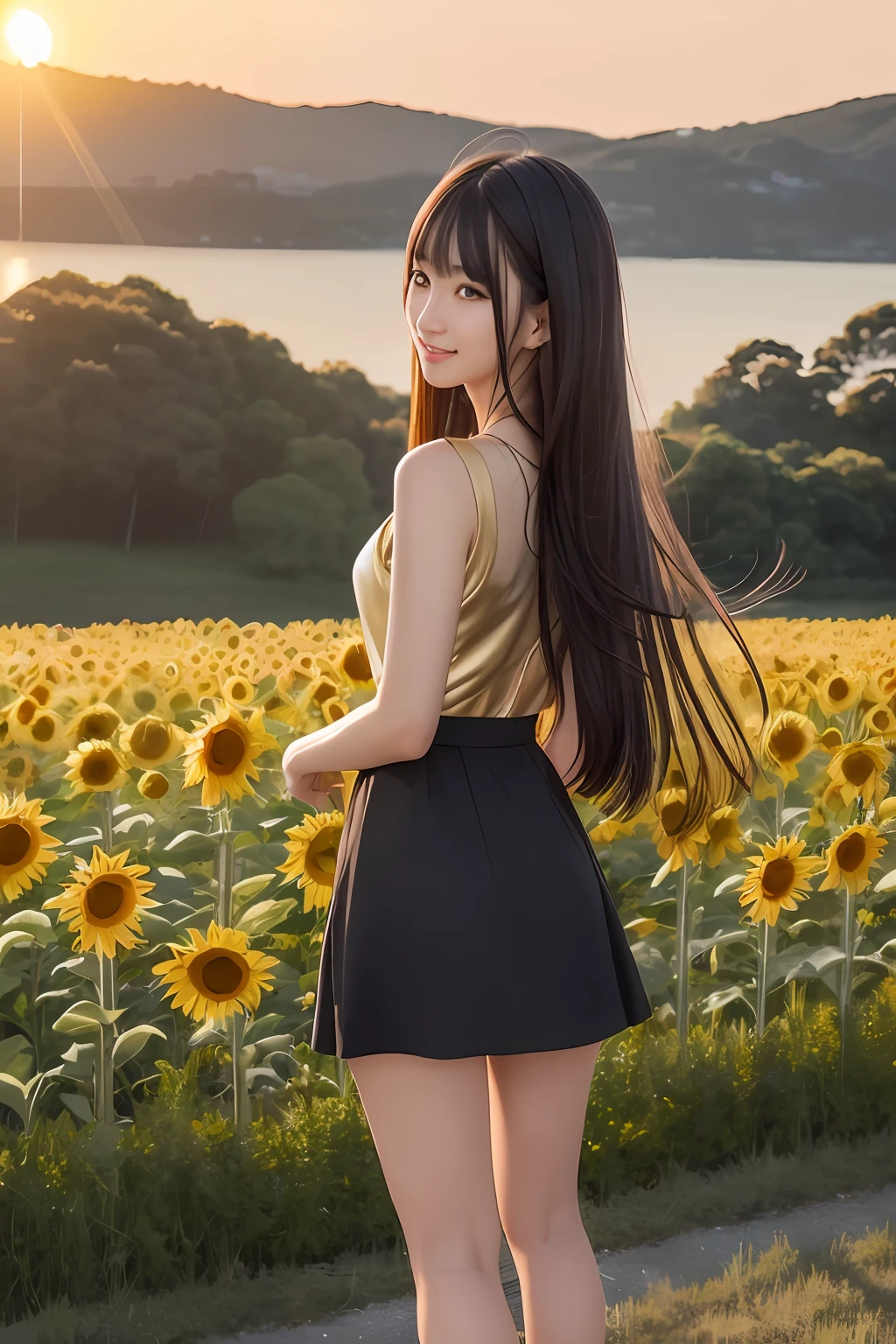 (RAW Photography:1.2)、(Photorealsitic:1.4)、(​masterpiece:1.3)、(top-quality:1.4)、dream-like、(A detailed eye)、(detailed facial features)、(detailed clothes features)、Skin tightening、(shinny skin)、(Slender Girl)、(slim girl)、1girl in、独奏、cute little、Innocent、smlie、Virtual Girl - Aim、(medium chest)、bangss、straight haired、Long、A dark-haired、Black eye、Crystal Pendant、Longer dress、(Floating Hair:1.6)、(pasture)、(Horses from afar)、(evening glow)、 (the golden hour:1.6), (back lighting:1.2), (Natural light from the back:1.4)、zydG, 1girl in, More skin, toView, Brown-eyed, (Shorthair with bangs:1.2), (middlebreasts:1.0), (medium areolae:0.8), (Photorealsitic:1.4), (Top image quality:1.0), (超A high resolution:1.0), 8K, Raw photography, (​masterpiece:0.2), (pureerosface_v1:0.5)2girls、full body Esbian、8K、Raw photography、top-quality、​masterpiece、realisitic、Photorealsitic、Sexy costumes、a miniskirt。Beautiful sunset overlooking a sunflower field、Smiling 22-year-old standing there、The image of two Japan college girls shines.、Short skirt swaying in the wind。