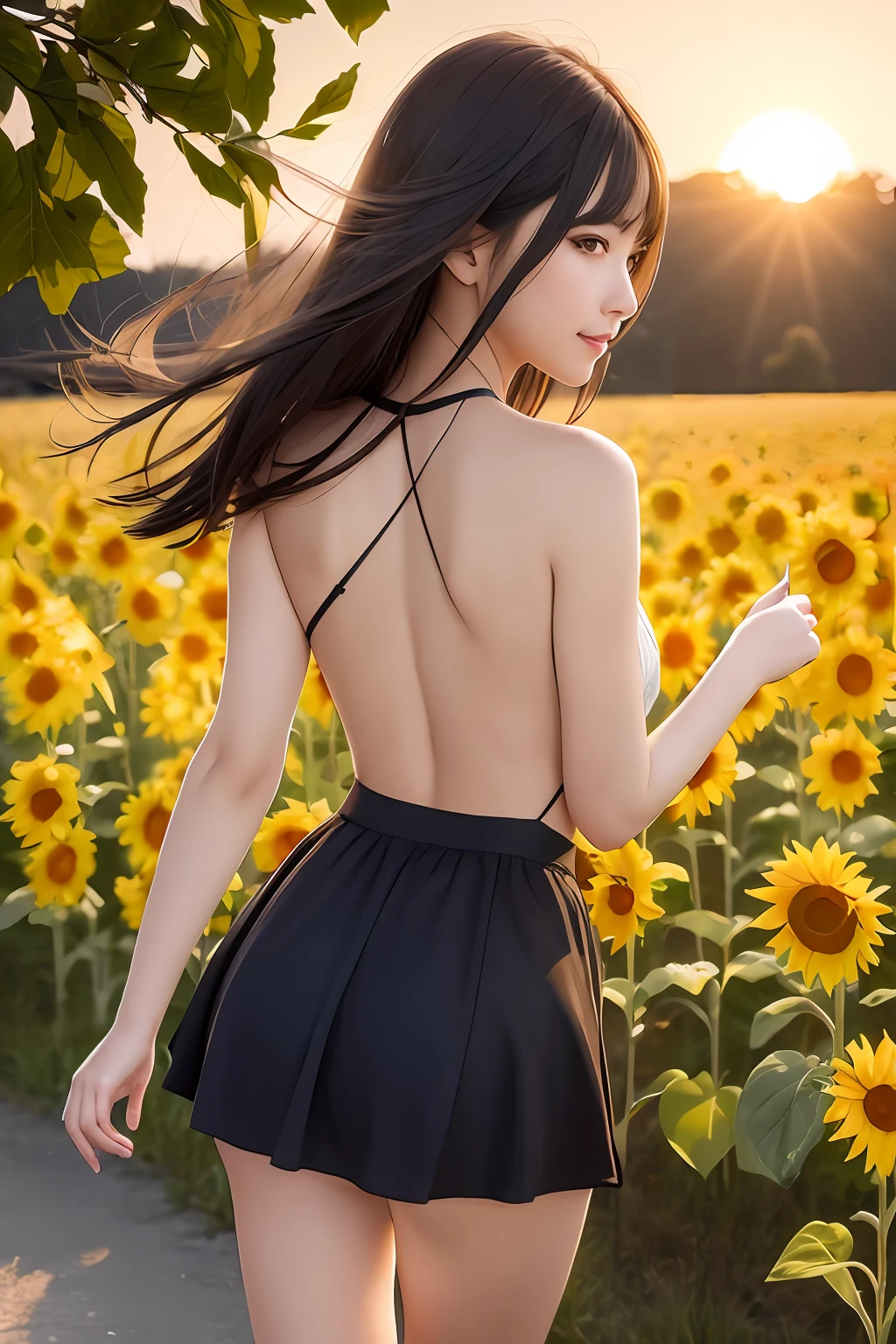 (RAW Photography:1.2)、(Photorealsitic:1.4)、(masterpiece:1.3)、(top-quality:1.4)、dream-like、(A detailed eye)、(detailed facial features)、(detailed clothes features)、Skin tightening、(shinny skin)、(Slender Girl)、(slim girl)、1girl in、独奏、cute little、Innocent、smlie、Virtual Girl - Aim、(medium chest)、bangss、straight haired、Long、A dark-haired、Black eye、Crystal Pendant、Longer dress、(Floating Hair:1.6)、(pasture)、(Horses from afar)、(evening glow)、 (the golden hour:1.6), (back lighting:1.2), (Natural light from the back:1.4)、zydG, 1girl in, More skin, toView, Brown-eyed, (Shorthair with bangs:1.2), (middlebreasts:1.0), (medium areolae:0.8), (Photorealsitic:1.4), (Top image quality:1.0), (超A high resolution:1.0), 8K, Raw photography, (masterpiece:0.2), (pureerosface_v1:0.5)2girls、full body Esbian、8K、Raw photography、top-quality、masterpiece、realisitic、Photorealsitic、Sexy costumes、a miniskirt。Beautiful sunset overlooking a sunflower field、Smiling 22-year-old standing there、The image of two Japan college girls shines.、Short skirt swaying in the wind。