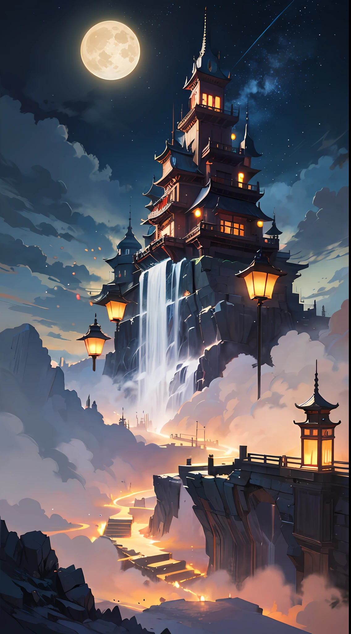 concept art inspired by Tosa Mitsuoki, pixiv contest winner, best quality, fantasy art, beautiful anime scene, a bright moon, moonlit starry environment, dream painting, Anime Background Art, Fantasy Landscape Art, Fantasy Night, Anime Background, Background Artwork, Fantastic Art, Atmospheric Anime, Starry Sky, Detail Enhanced.retina(Chinese style buildings:1.5),lanterns,(cold color palette:1.3)blur backgroun