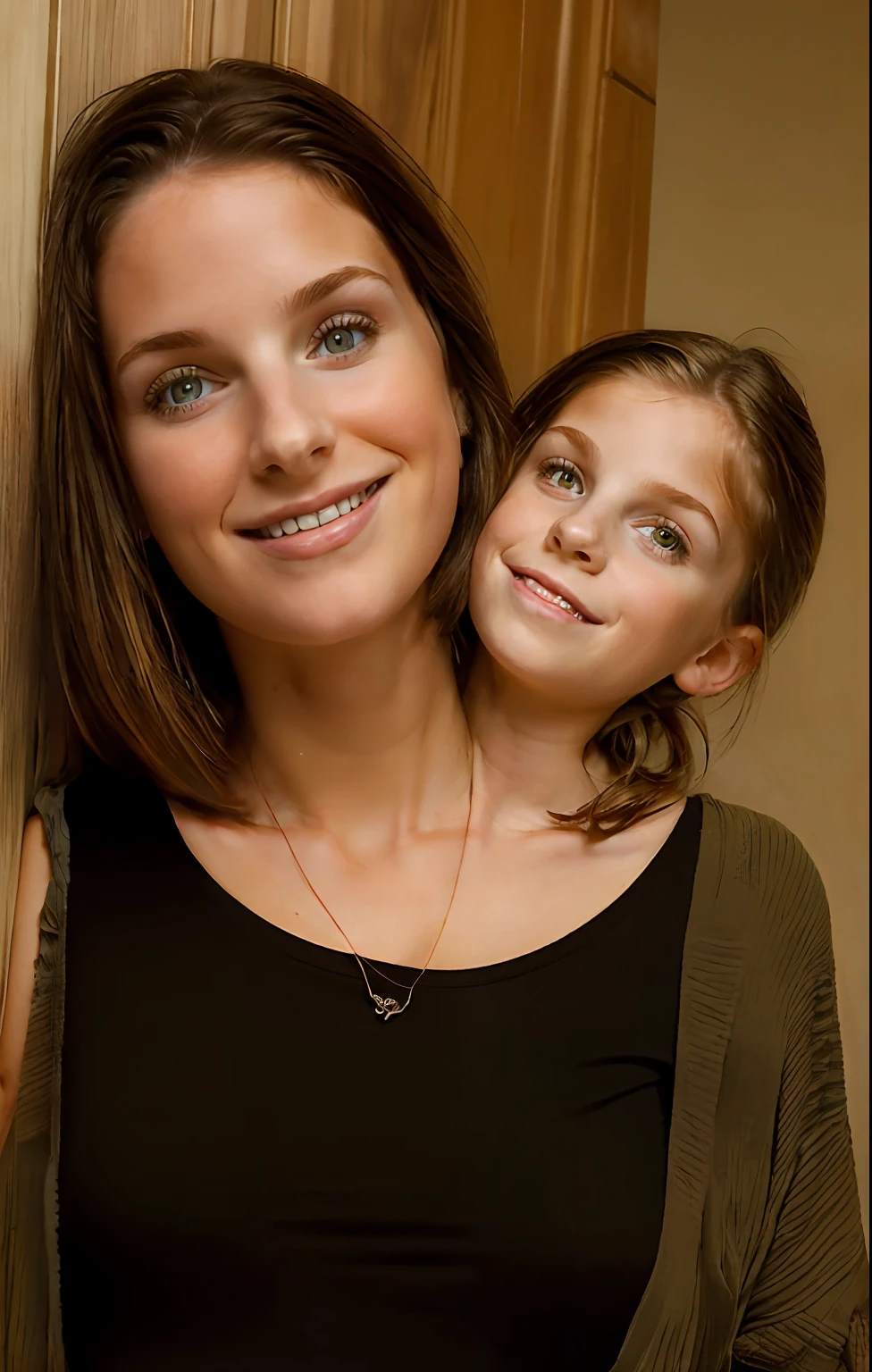 2heads, two headed girl, mom and daughter, (different ages:1.5), (one torso:1.5), (female:1.5), (caucasian:1.5), (two heads attached to one body:1.4), conjoined twins, heads side by side, one torso, young, uncomfortable, barefoot