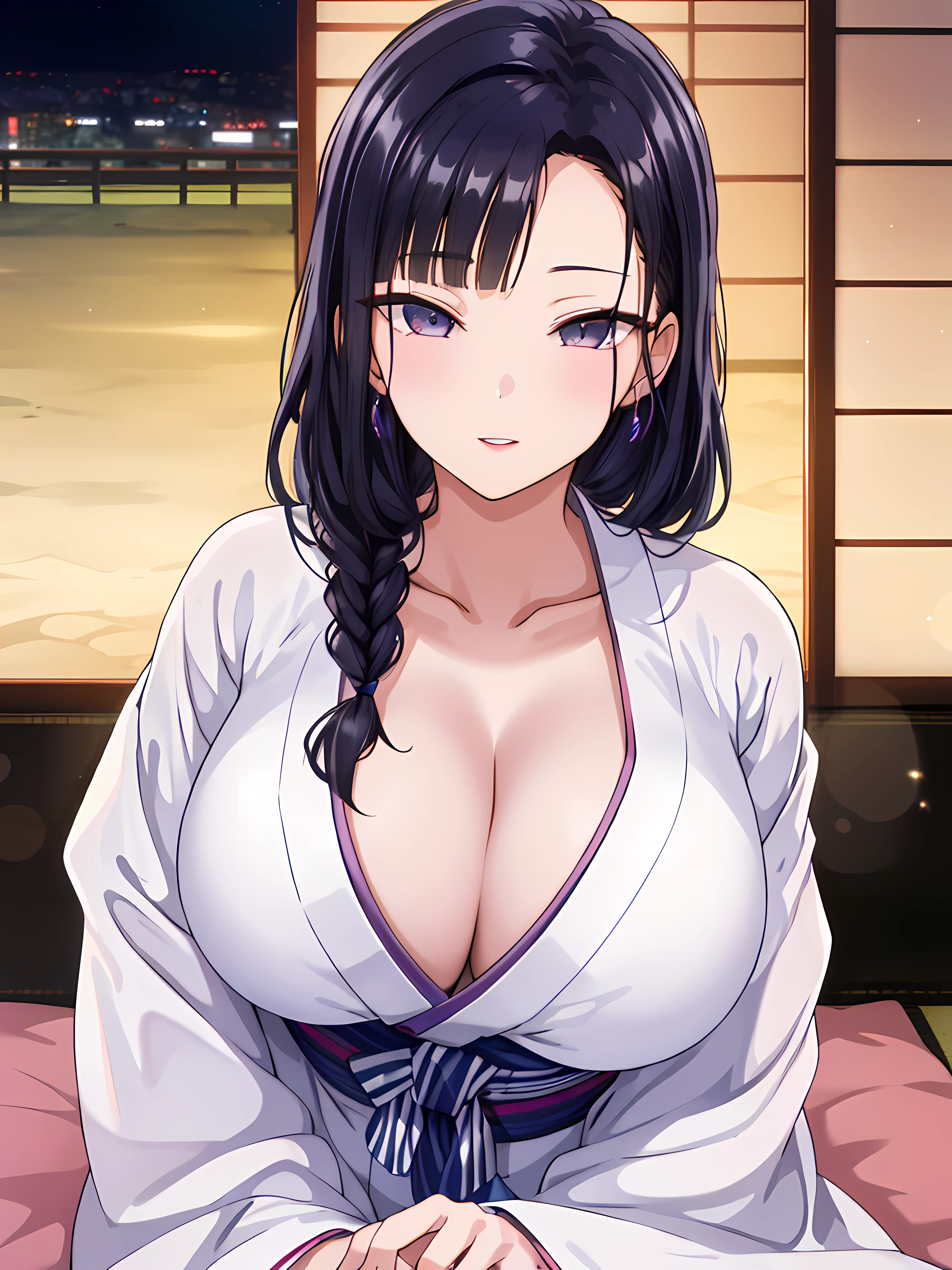 (Night:1.7), Japan, Tokyo, CityView, Before Window,
looking at viewer, (seductive look:1.2), happy, smile,
(White_kimono:1.3),cleavage,
black_hair, long_hair, hair_pulled_back,parted_lips,purple_eyes, braid,
1 girl, 24yo,mature female,Beautiful Finger,Beautiful long legs,Beautiful body,Beautiful Nose,Beautiful character design, perfect eyes, perfect face, perfect fingers, perfect hands, perfect breasts, perfect body,
looking at viewer, in the center of the image,
NSFW,official art,extremely detailed body, exteremly detailed face, extremely detailed hair, extremely detailed eyes, wallpaper, perfect lighting,Colorful, Bright_Front_face_Lighting,
(masterpiece:1.0),(best_quality:1.0), ultra high res,4K,ultra-detailed,
photography, 8K, HDR, highres, absurdres:1.2, Kodak portra 400, film grain, blurry background, bokeh:1.2, lens flare, (vibrant_color:1.2)
(Beautiful,large_Breasts:1.4), (beautiful_face:1.5),(narrow_waist),