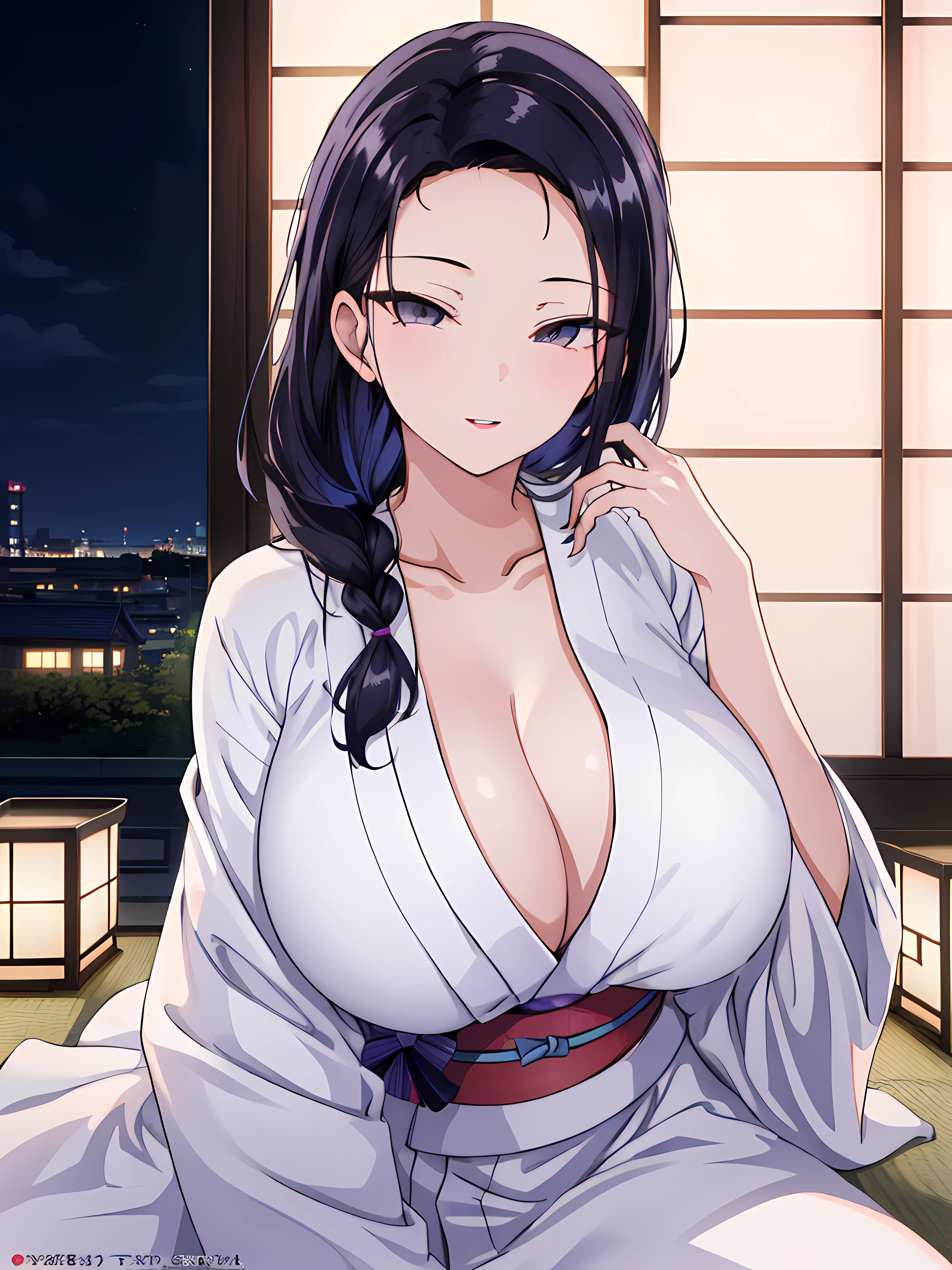 (Night:1.7), Japan, Tokyo, CityView, Before Window,
looking at viewer, (seductive look:1.2), happy, smile,
(White_kimono:1.3),cleavage,
black_hair, long_hair, hair_pulled_back,parted_lips,purple_eyes, braid,
1 girl, 24yo,mature female,Beautiful Finger,Beautiful long legs,Beautiful body,Beautiful Nose,Beautiful character design, perfect eyes, perfect face, perfect fingers, perfect hands, perfect breasts, perfect body,
looking at viewer, in the center of the image,
NSFW,official art,extremely detailed body, exteremly detailed face, extremely detailed hair, extremely detailed eyes, wallpaper, perfect lighting,Colorful, Bright_Front_face_Lighting,
(masterpiece:1.0),(best_quality:1.0), ultra high res,4K,ultra-detailed,
photography, 8K, HDR, highres, absurdres:1.2, Kodak portra 400, film grain, blurry background, bokeh:1.2, lens flare, (vibrant_color:1.2)
(Beautiful,large_Breasts:1.4), (beautiful_face:1.5),(narrow_waist),