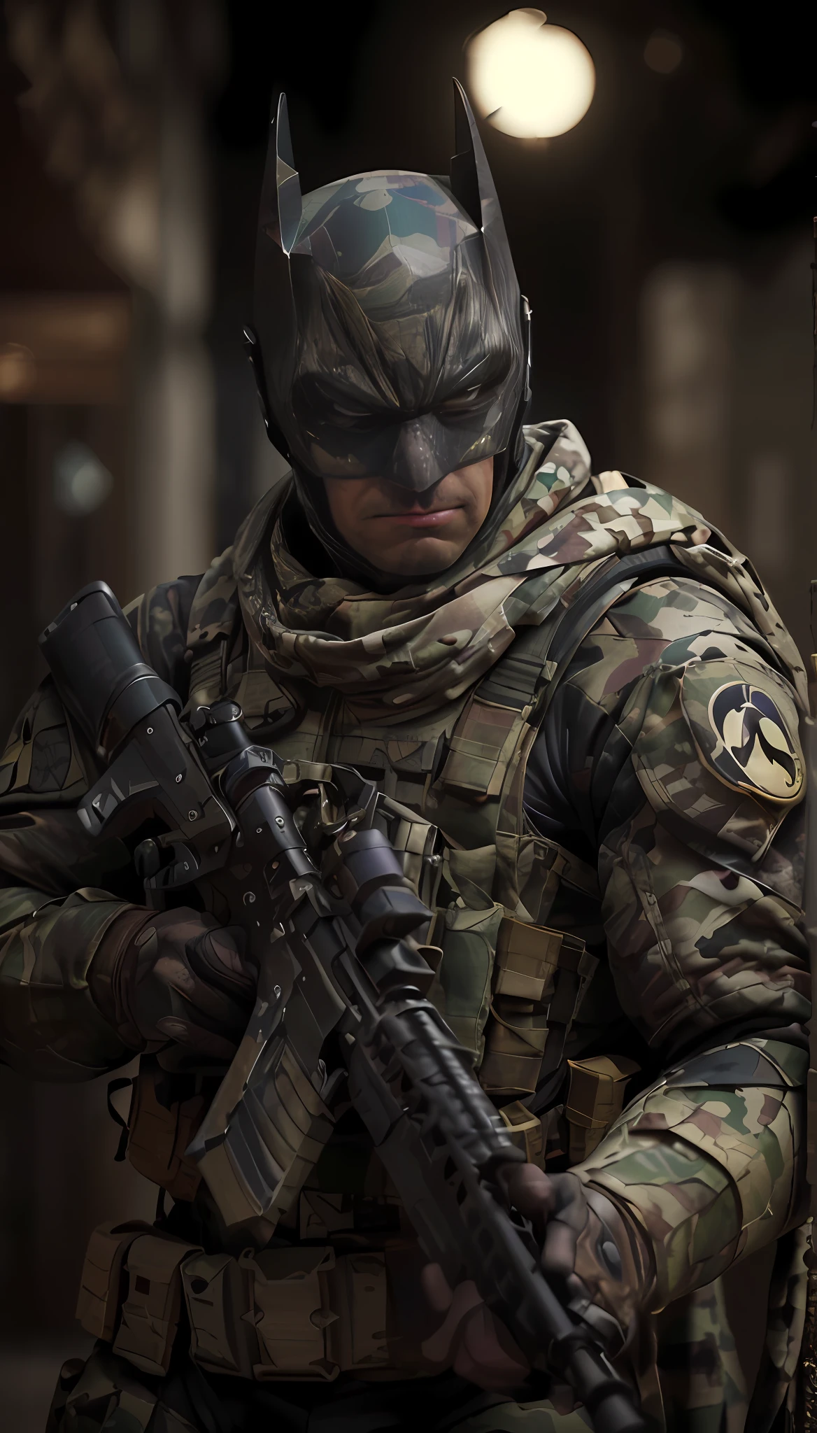 (((obra maestra, DC Comics, Batman el caballero oscuro))), street alley, basura, lluvia, soldado del futuro, agresivo, grande, fuerte, Visiones, ((Batman Vission Future Soldier, Llevar uniforme militar de camuflaje))) advanced technology, High-tech weapons, (((batman soldado de guerra post-apocaliptica, Epic resolution, Epic Quality, Epic sharpness, Lujo detallado, Fantastic color and contrast, Precise saturation, IMAX HDR, cinematic lighting,Impresionante calidad de renderizado realista,)))con estilo animado ReV, RevEstilo realista.