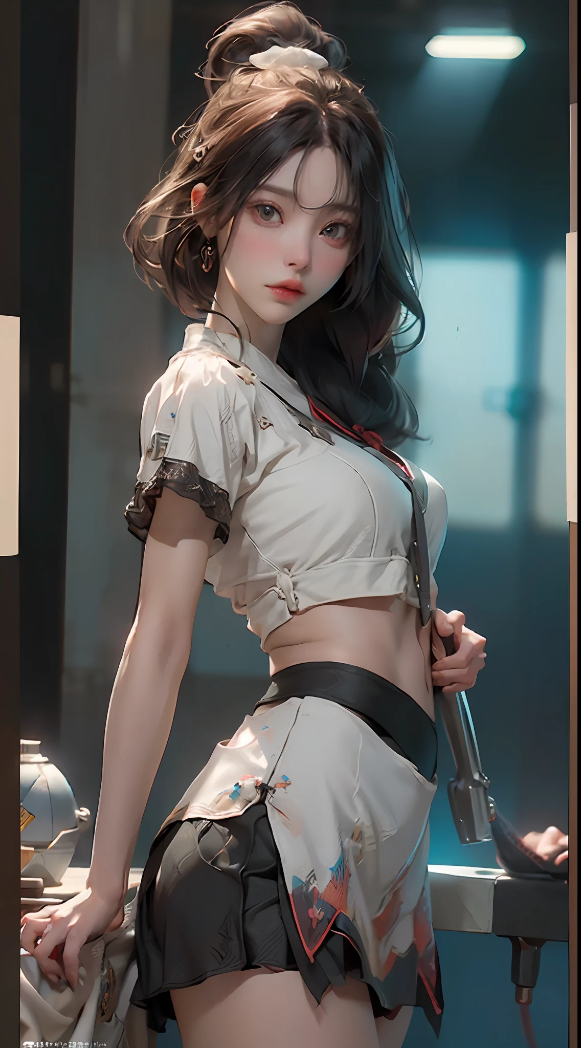 ((best qualtiy)), ((tmasterpiece)), (the detail:1.4), 3D, Beautiful hip skirt female image,hdr(HighDynamicRange),Ray traching,NVIDIA RTX,Hyper-Resolution,Unreal 5,Subsurface scattering、PBR Texture、post-proces、Anisotropy Filtering、depth of fields、maximum definition and sharpness、Many-Layer Textures、Albedo e mapas Speculares、Surface coloring、Accurate simulation of light-material interactions、perfectly proportions、rendering by octane、Two-colored light、largeaperture、Low ISO、White balance、the rule of thirds、8K raw data、