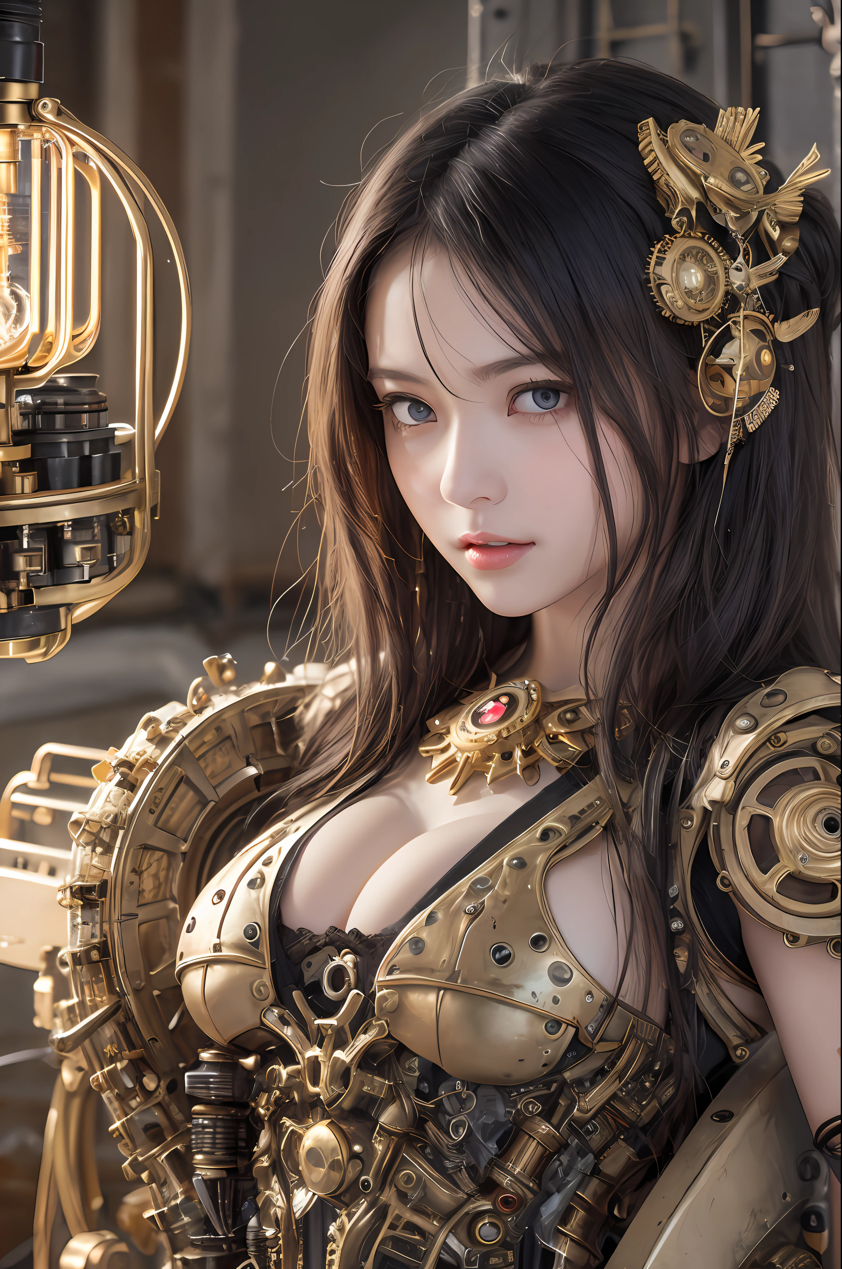 top-quality、masterpiece、超A high resolution、(Photorealsitic:1.4)、Raw photo、1人、Black hair、glowy skin、1 Mechanical Angel、large metal wings、Shining Angel Circle、((super realistic details))、portlate、globalillumination、Shadow、octan render、8K、ultrasharp、Colossal tits、Raw skin is exposed in cleavage、metals、Details of complex ornaments、Steampunk details、vacuum tubes、Nixie Kan、Oil pressure gauge、Glass Kan、Analog Meter、gear wheel、gear、Hydraulic cylinder、highly intricate detail、Realistic light、a purple eye、radiant eyes、Facing the camera、neon details、Mechanical limbs、blood vessels connected to tubes、Mechanical vertebrae attached to the back、mechanical cervical attaching to neck、sitting on、Wires and cables connecting to the head、Small LED lamp、Sumerian details、