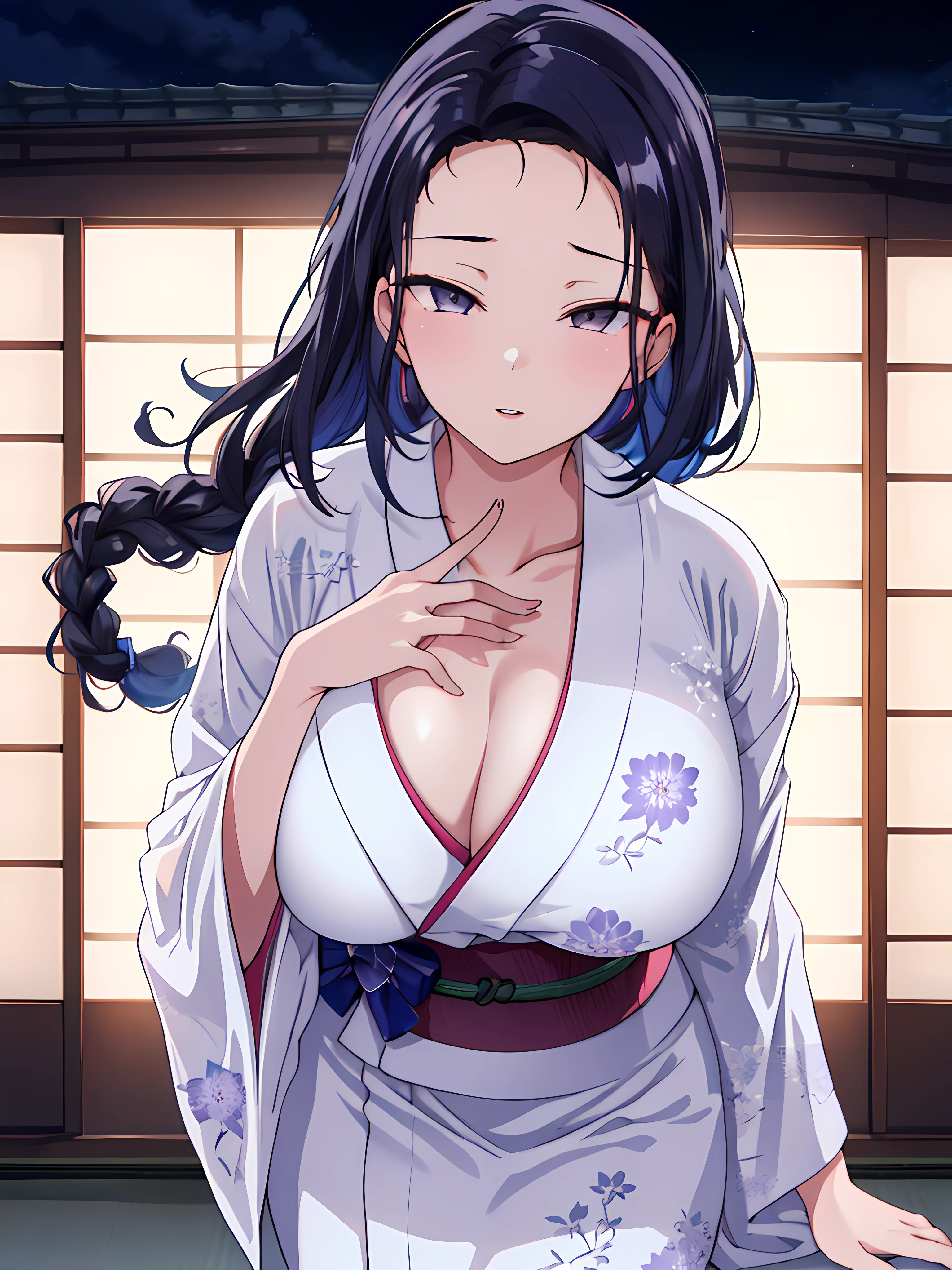 (Night:1.7), Japan, Tokyo, CityView, Before Window,
Standing at attention,
(White_kimono:1.3),cleavage,
black_hair, long_hair, hair_pulled_back,parted_lips,purple_eyes, braid,
1 girl, 24yo,mature female,Beautiful Finger,Beautiful long legs,Beautiful body,Beautiful Nose,Beautiful character design, perfect eyes, perfect face, perfect fingers, perfect hands, perfect breasts, perfect body,
looking at viewer, in the center of the image,
NSFW,official art,extremely detailed body, exteremly detailed face, extremely detailed hair, extremely detailed eyes, wallpaper, perfect lighting,Colorful, Bright_Front_face_Lighting,
(masterpiece:1.0),(best_quality:1.0), ultra high res,4K,ultra-detailed,
photography, 8K, HDR, highres, absurdres:1.2, Kodak portra 400, film grain, blurry background, bokeh:1.2, lens flare, (vibrant_color:1.2)
(Beautiful,large_Breasts:1.4), (beautiful_face:1.5),(narrow_waist),