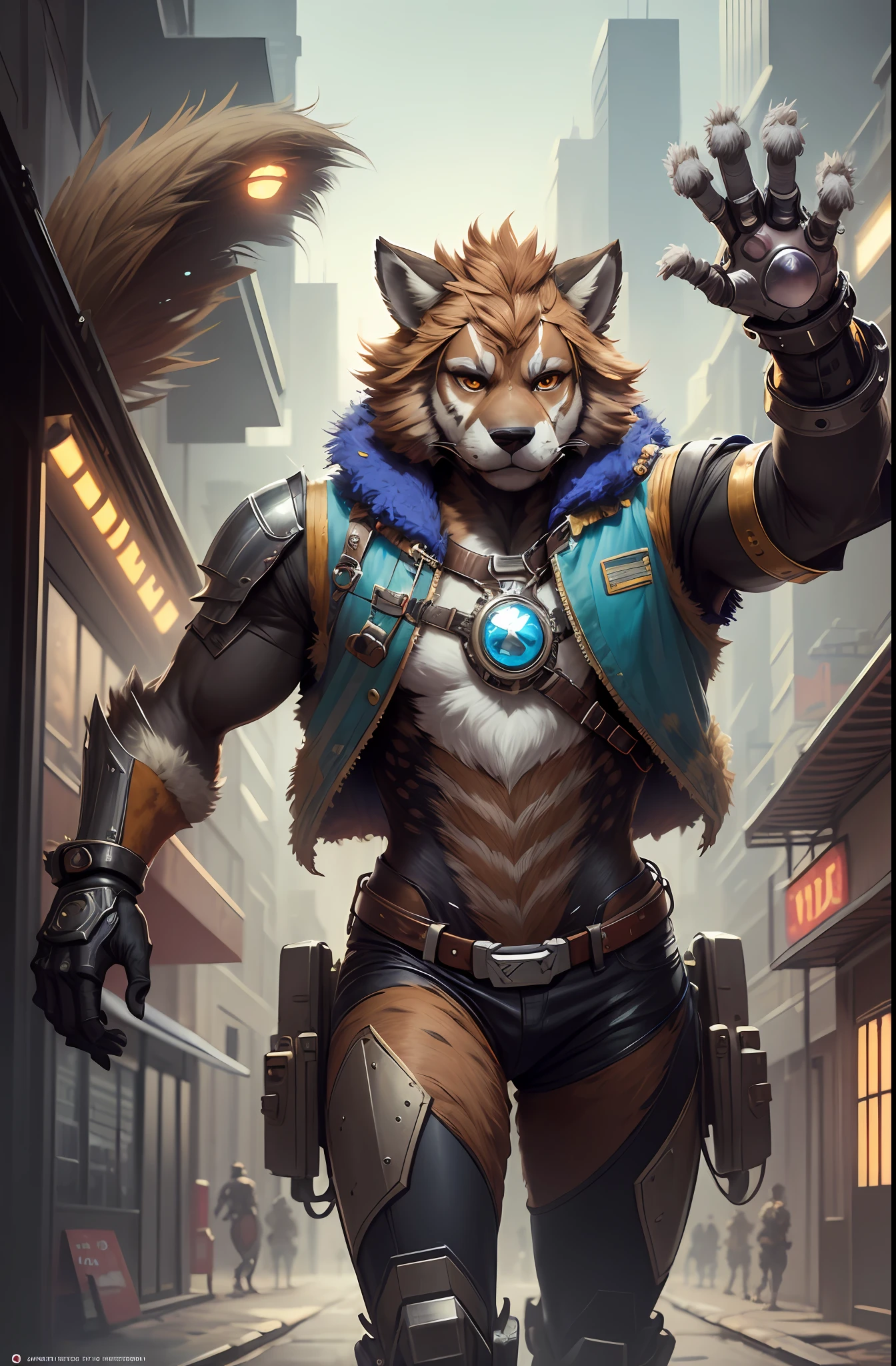 perspective, top quality, High-quality illustrations by Johannes Vermeer, masterpiece, Dark Fantasy, Cyberpunk, steam punk(super handsome boy, single, kemono)Mechanical marvel, Robotic presence, Cybernetic guardian, wearing a worn-out mech suit, intricate(steel metal, rusty)(furry anthro:1.7)(Furry body, dog facial features, dog body features)elegant, clear focus, shot by greg rutkowski, soft lighting, vibrant colors, Beam from the palm, masterpiece((street))cowboy shot, dynamic pose, hero pose,