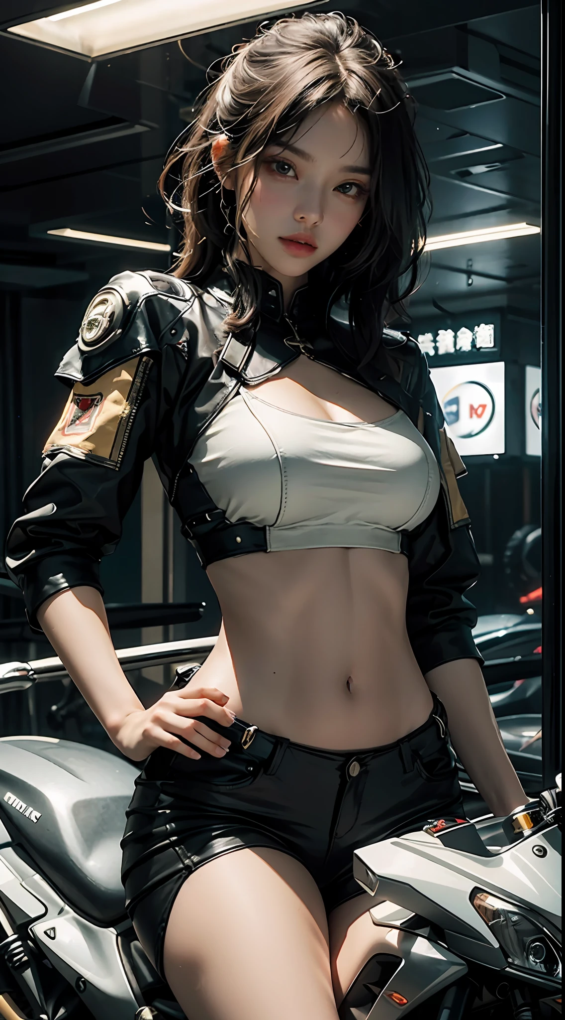 Highest image quality,Outstanding details,超高分辨率,(fidelity:1.4),The best illustration,Favor the details,Highly cohesive 1girl,He has a delicate and beautiful face,Dressed in mechs,Full breasts,Has thick sexy lips,Riding on a motorcycle,The background is a high-tech lighting scene in the future city。
