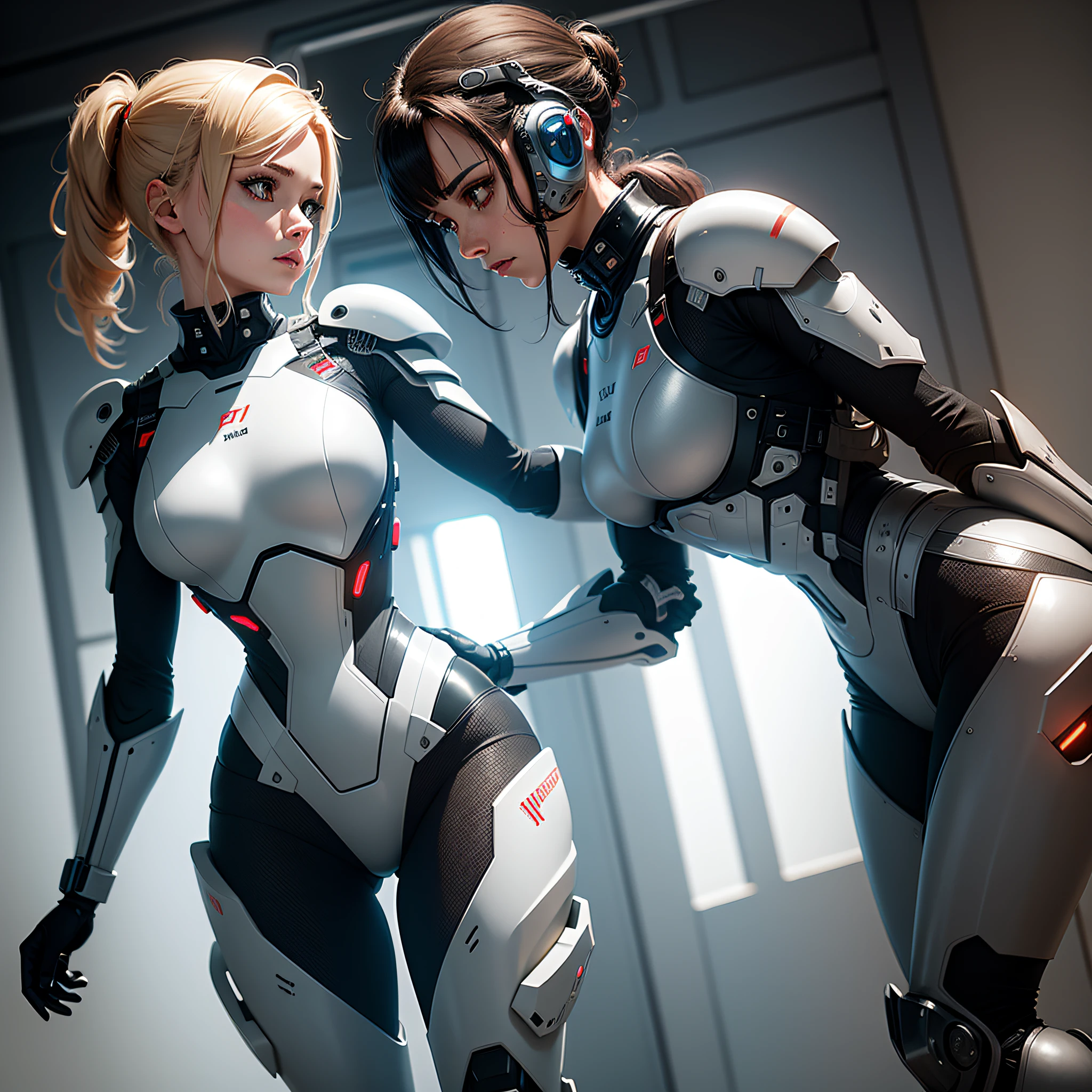 Female soldier in futuristic robotic exoskeleton armor