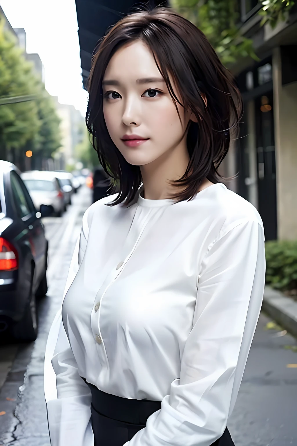 ((Best Quality, 8K, Masterpiece: 1.3)), Sharp: 1.2, Perfect Body Beauty: 1.4, Slim Abs: 1.2, ((Layered Hairstyle, Big Breasts: 1.2)), (Wet White Button Long Shirt: 1.1), (Rain, Street: 1.2), Wet: 1.5, Highly detailed face and skin texture, detailed eyes, double eyelids, side face looking at the camera
