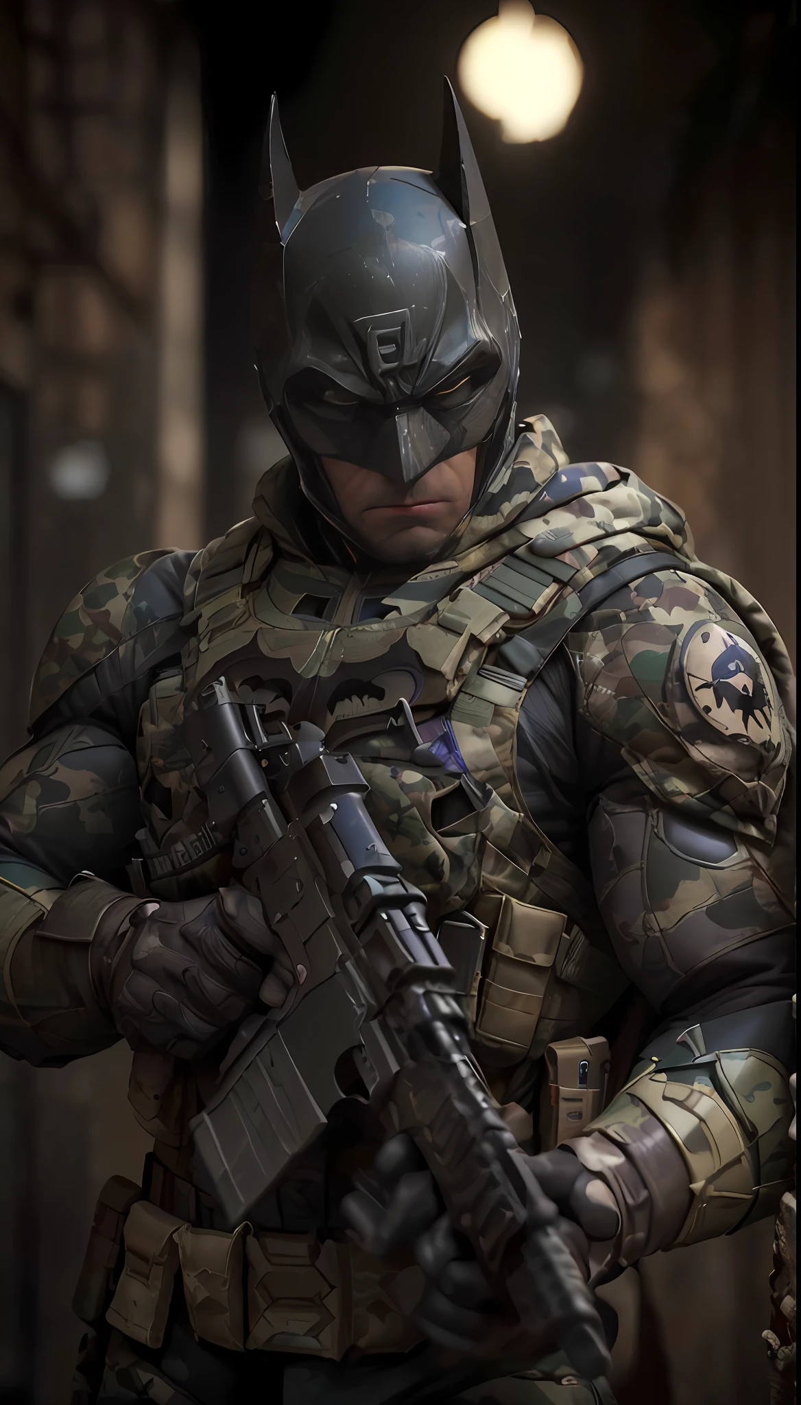 (((obra maestra, DC Comics, Batman el caballero oscuro))), street alley, basura, lluvia, soldado del futuro, agresivo, grande,  fuerte,  Visiones, ((Batman Vission Future Soldier, Llevar uniforme militar de camuflaje))) advanced technology, High-tech weapons, (((batman soldado de guerra post-apocaliptica, Epic resolution, Epic Quality, Epic sharpness, Lujo detallado, Fantastic color and contrast, Precise saturation, IMAX HDR, cinematic lighting,Impresionante calidad de renderizado realista,)))con estilo animado ReV, RevEstilo realista.