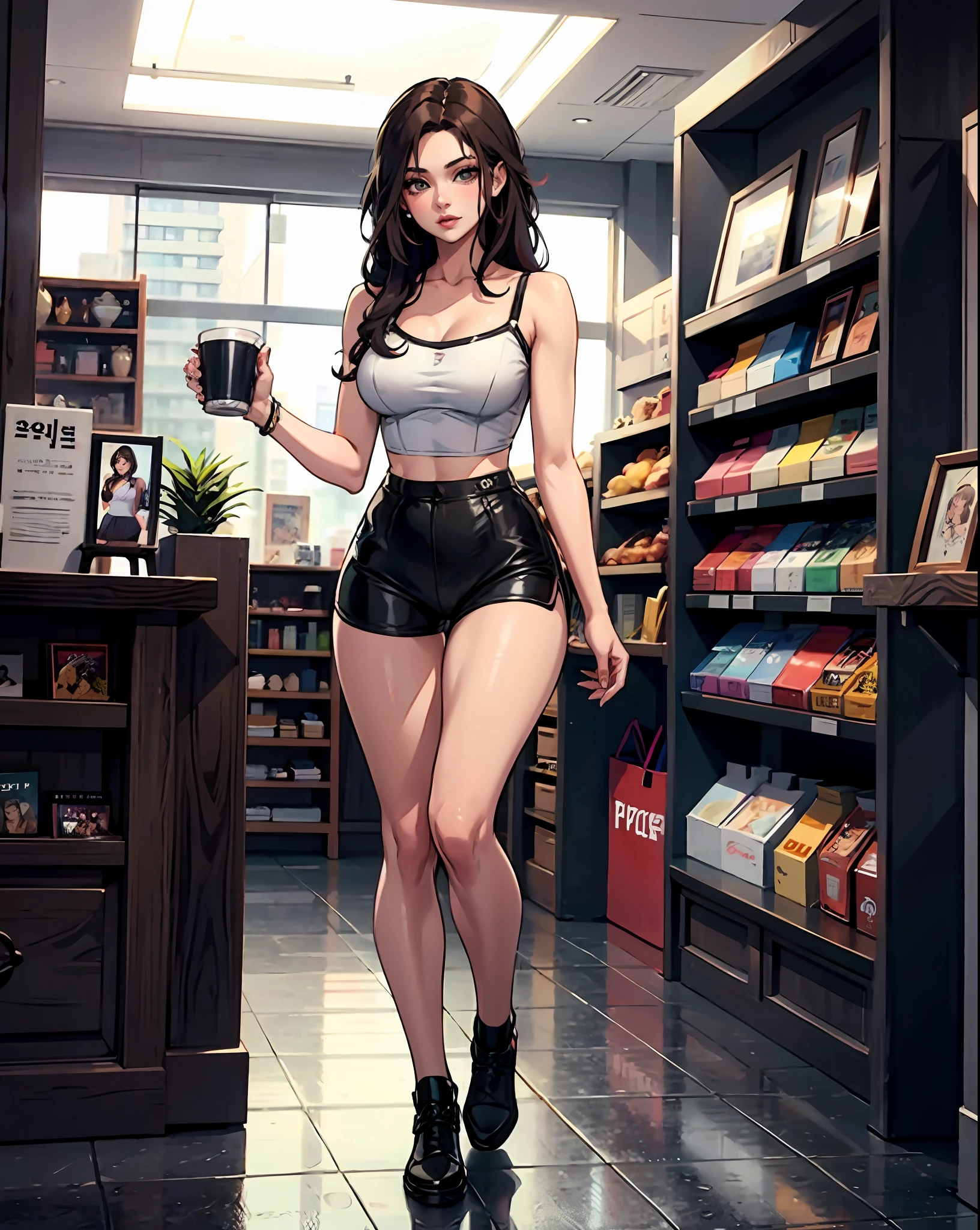 there is a woman standing outside of a store holding a cup, full body cute young lady, wearing a camisole and shorts, smooth white tight clothes suit, large view, muted colored bodysuit, gorgeous lady, skinny waist and thick hips, bra and shorts streetwear, photo of slim girl model, korean women's fashion model, sha xi, sexy girl wearing shorts, long hair,white top