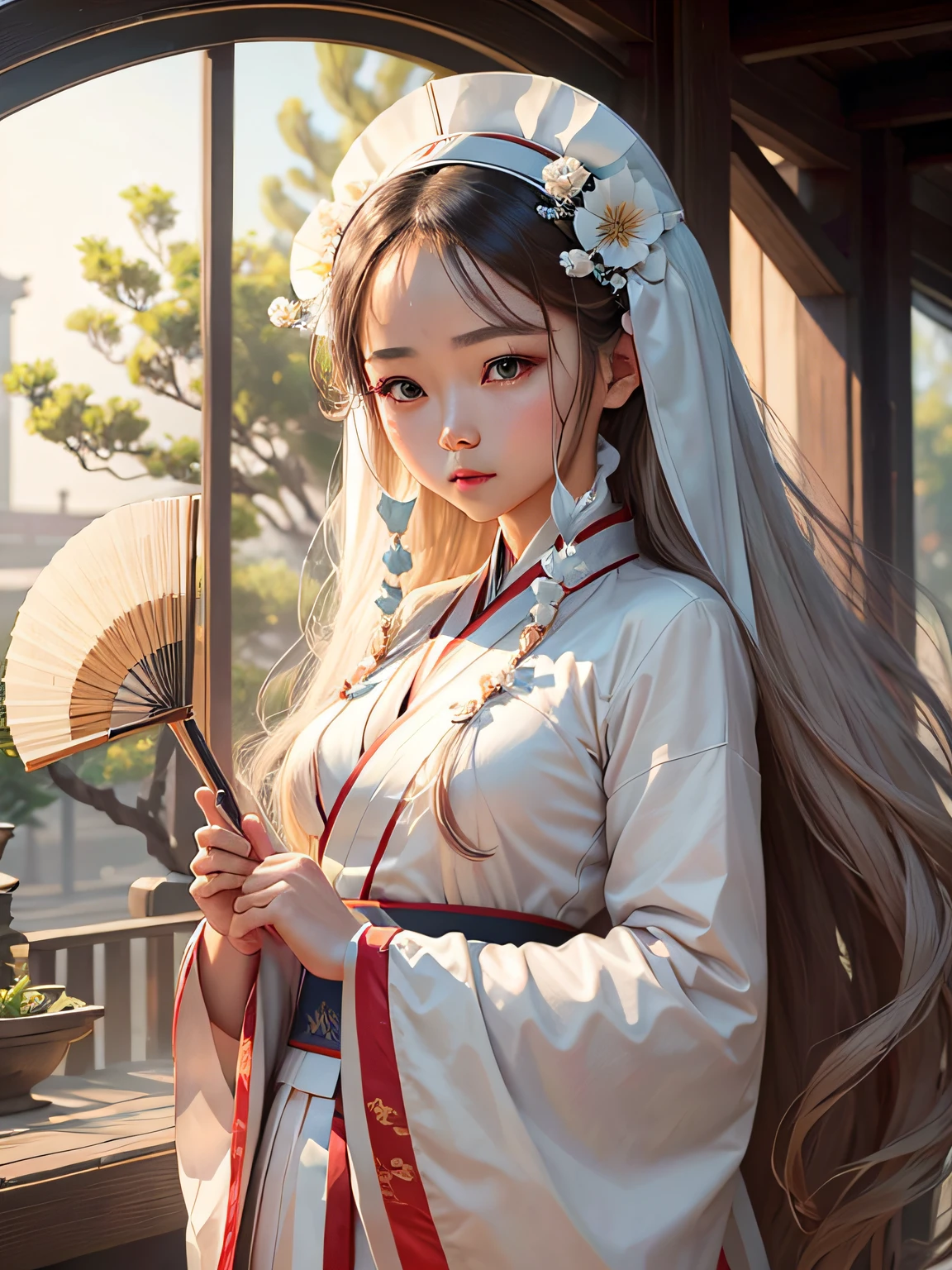 A woman,dressed white hanfu,Gentle eyes,Long hair and hair accessories on the head,Take a fan,In the daytime --auto
