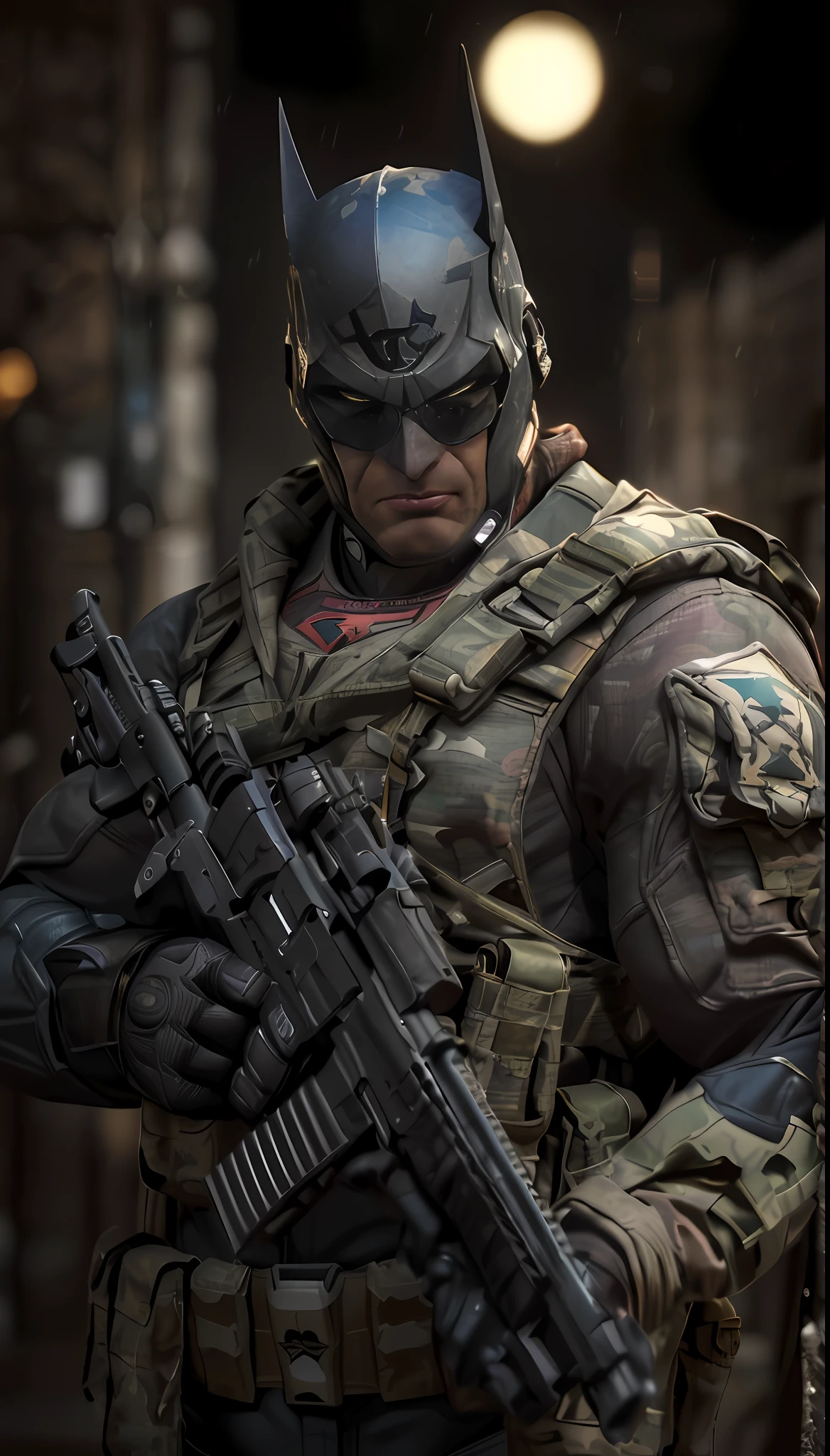 (((obra maestra, DC Comics, Batman el caballero oscuro))), street alley, basura, lluvia, soldado del futuro, agresivo, grande,  fuerte,  Visiones, ((Batman Vission Future Soldier, Llevar uniforme militar de camuflaje))) advanced technology, High-tech weapons, (((batman soldado de guerra post-apocaliptica, Epic resolution, Epic Quality, Epic sharpness, Lujo detallado, Fantastic color and contrast, Precise saturation, IMAX HDR, cinematic lighting,Impresionante calidad de renderizado realista,)))con estilo animado ReV, RevEstilo realista.