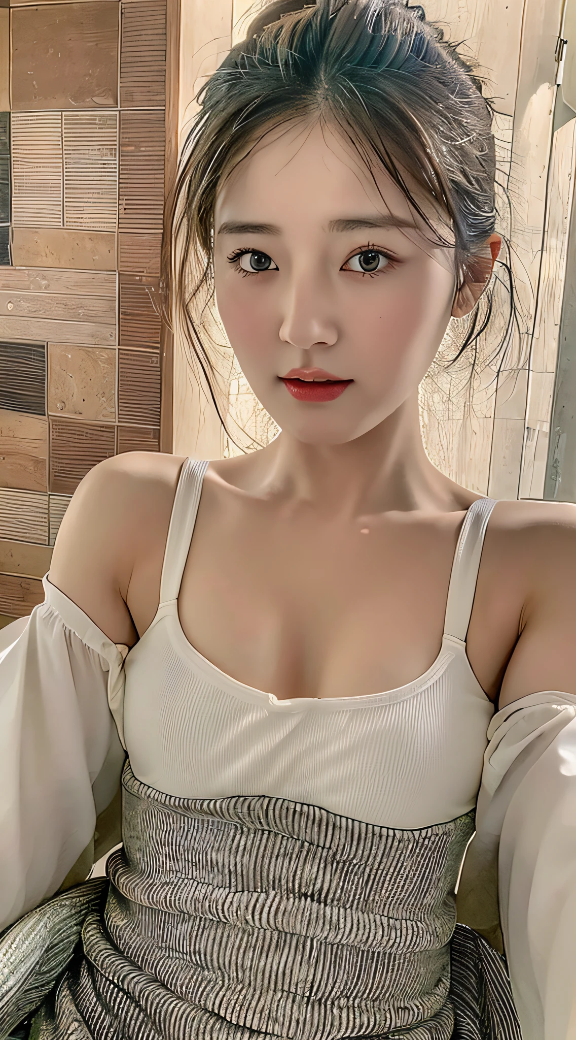 ((Best quality, 8k, Masterpiece :1.3)), 1girl, Pretty woman with emphasizing feminine abs :1.3, Huge breasts :1.2, (Bathtub, Wet outfit :1.1), Ultra-detailed face, Highly detailed lips, Detailed eyes, Double eyelid