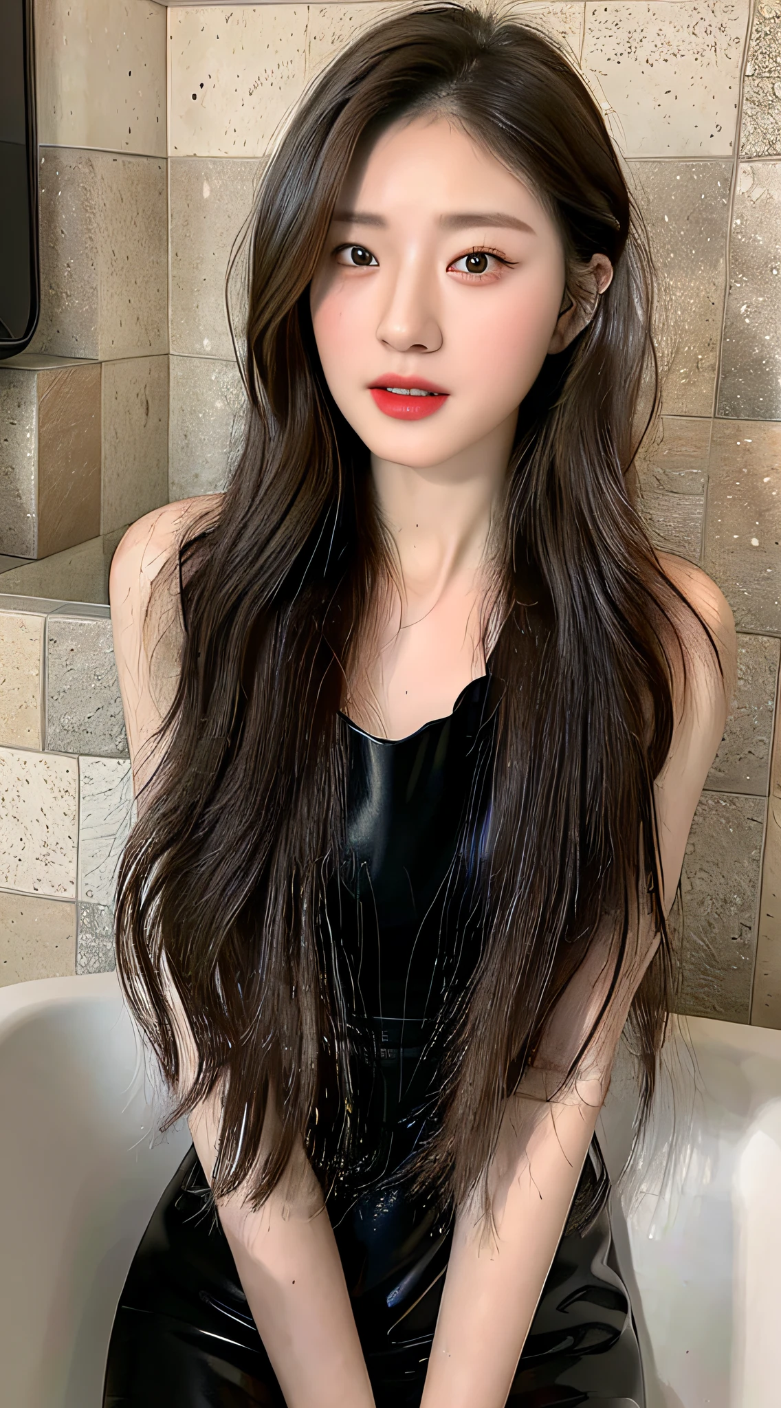 ((Best quality, 8k, Masterpiece :1.3)), 1girl, Pretty woman with emphasizing feminine abs :1.3, Huge breasts :1.2, (Bathtub, Wet outfit :1.1), Ultra-detailed face, Highly detailed lips, Detailed eyes, Double eyelid