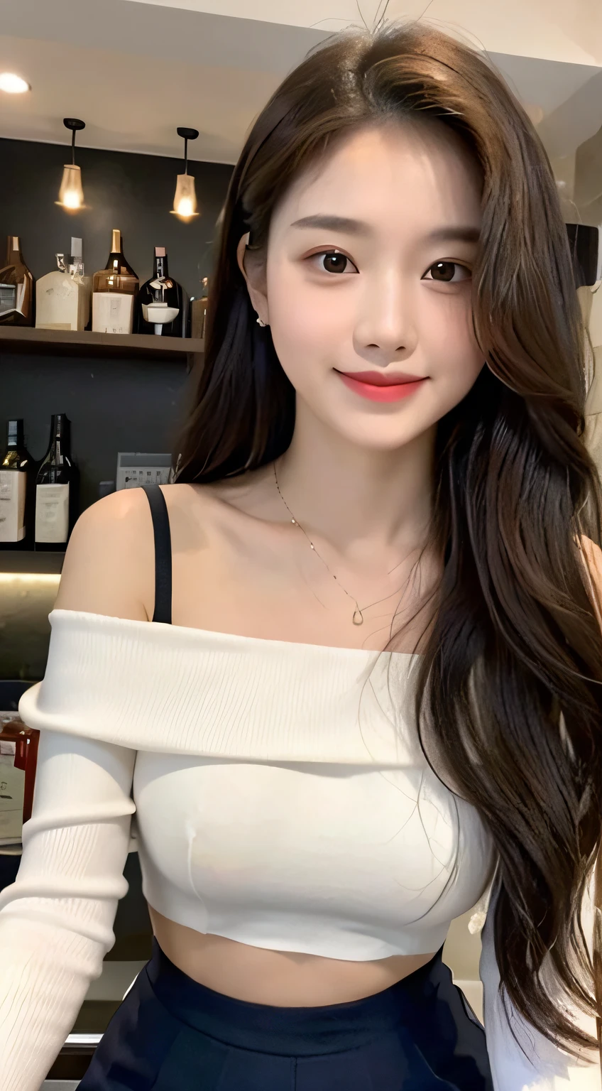 A superb exquisite real beautiful girl, golden long curly hair, extremely exquisite facial features, peerless beautiful girl, collarbone off-the-shoulder, white crop top shirt, black JK skirt, exposed legs, sweet smile, soft, dreamy quality, light white and dark brown, exaggerated facial features, solid color, frank off-white, surreal, blue gemstone necklace, ultra-clear, beautiful young girl, cute and lively, super short leggings, background at the bar counter