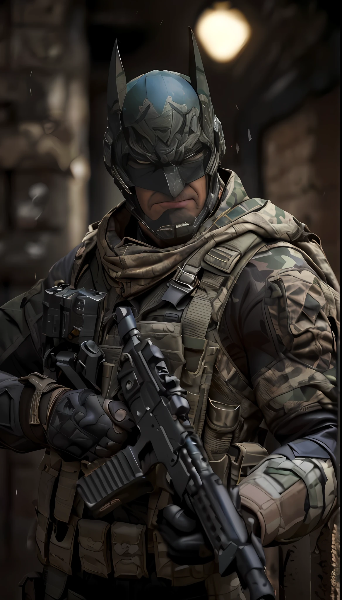 (((obra maestra, DC Comics, Batman el caballero oscuro))), street alley, basura, lluvia, soldado del futuro, agresivo, grande, fuerte, Visiones, ((Batman Vission Future Soldier, Llevar uniforme militar de camuflaje))) advanced technology, High-tech weapons, (((batman soldado de guerra post-apocaliptica, Epic resolution, Epic Quality, Epic sharpness, Lujo detallado, Fantastic color and contrast, Precise saturation, IMAX HDR, cinematic lighting,Impresionante calidad de renderizado realista,)))con estilo animado ReV, RevEstilo realista.