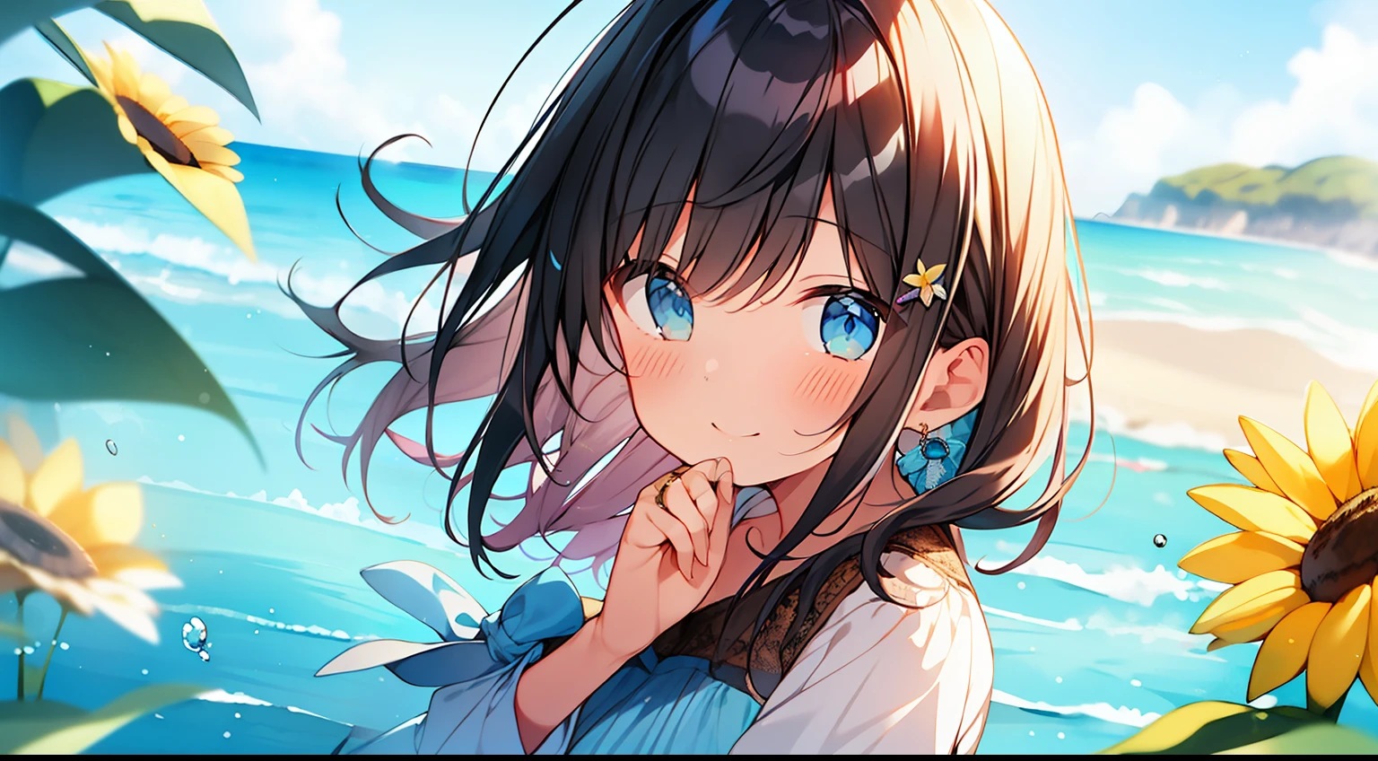 watercolor paiting、One girl、Eau、sea side、Evening glow、cute little、masterpiece、top-quality、Top image quality、校服、Fluttering hair、A dark-haired、bob cuts、summer dress、sunflower hair ornament、laugh、