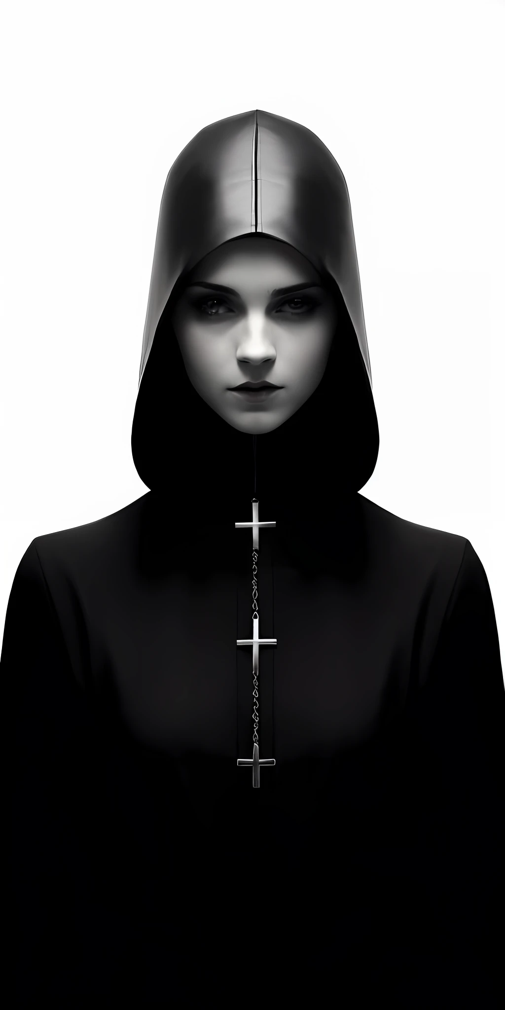 a close up of a person wearing a hood and a hoodie, nun fashion model, flora borsi, nun, nun fashion model looking up, an evil nun, vampire nun, nun outfit, majestic saint woman, karol bak of emma watson nun, orthodox cyberpunk, photography alexey kurylev, saint woman, dark robed, dark priest, hooded