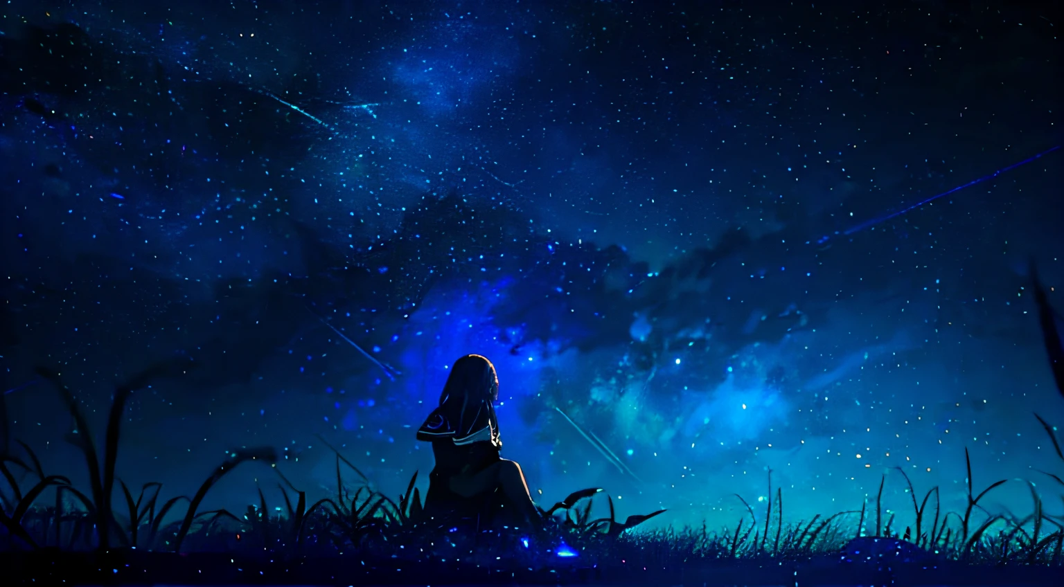 Background with, galaxias, As estrelas, blue colors, black in color, purpleish color, blasts, Girl sitting on grass looking at stars at night,dream magical,high high quality,detailed detail