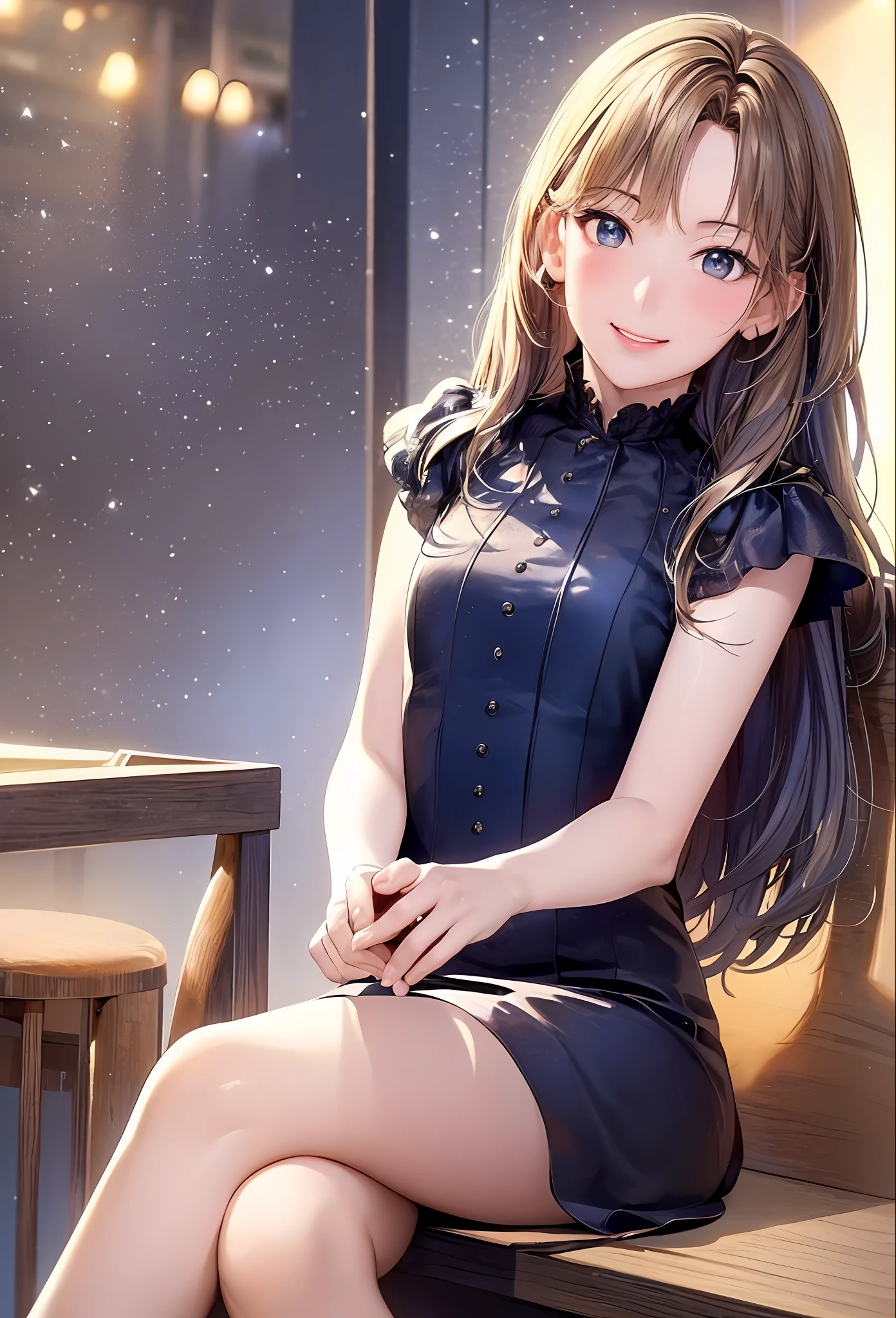 (8k, top quality, masterpiece: 1.2), (realistic, photorealistic: 1.37), super detailed, girl single, cute, solo, midnight, beautiful detailed sky, detailed café, sitting, date, (blush), (smile: 1.15), small breasts (mouth closed), beautiful fine eyes, floating hair NovaFrogStyle, back open dress