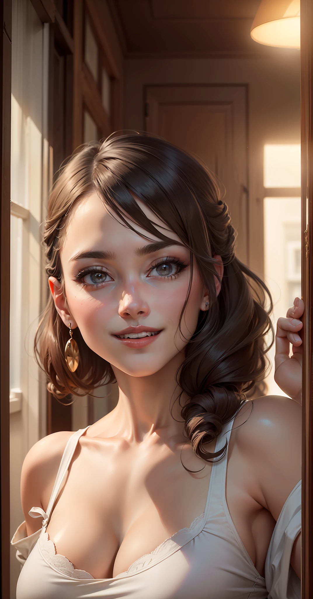 ((Best quality, 8k, Masterpiece :1.3)), 1girl, beautiful woman with emphasis on slim abs: 1.3, (casual hairstyle, big breasts: 1.2), casual wear: 1.2, interior, ultra-detailed face, delicate eyes, double eyelids, soft breasts, smile, exposed cleavage
