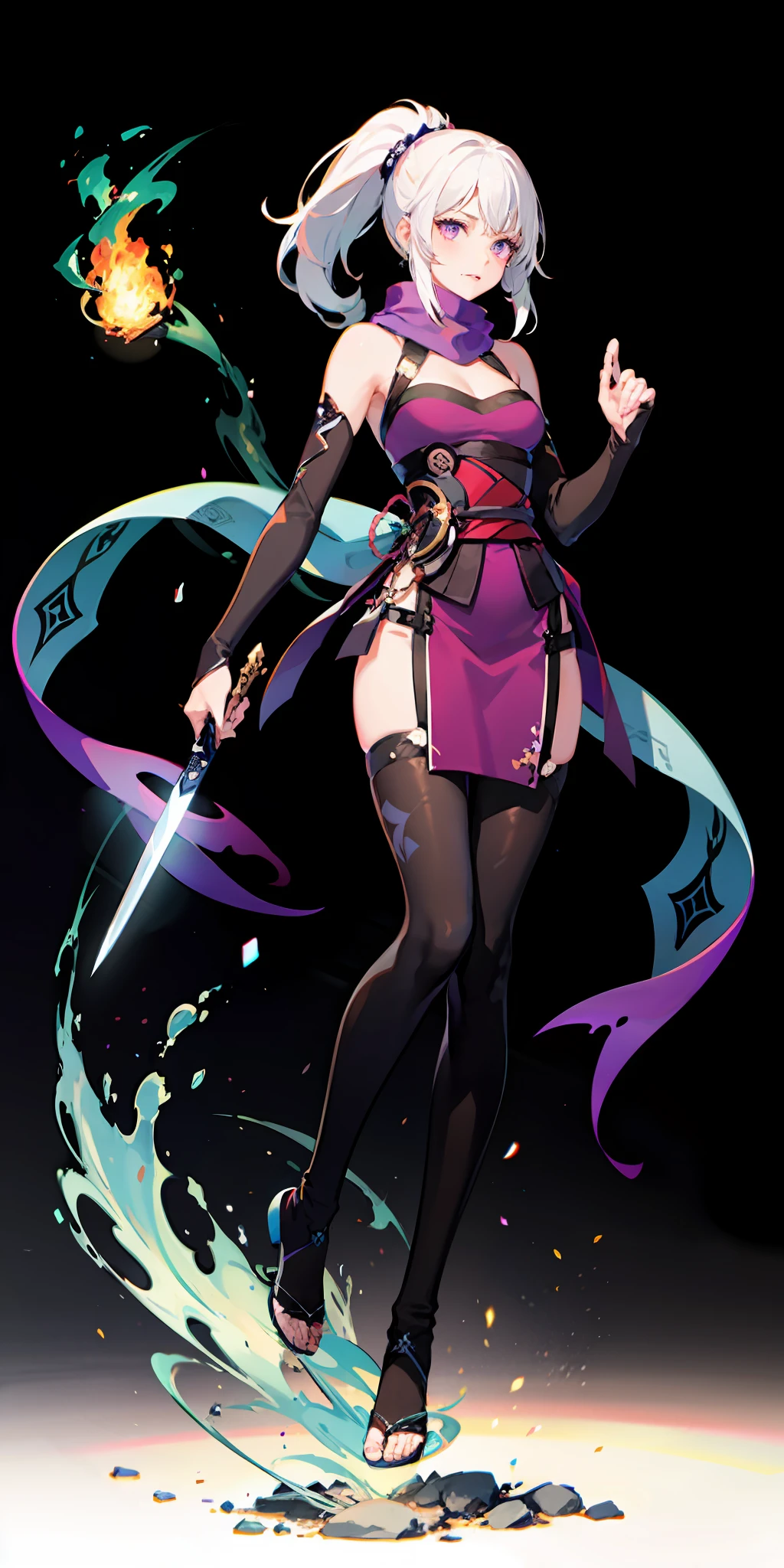 Full body, 1girl, white hair, ponytail, purple eyes, (ninja), short sword, mid-chest, scarf, wallpaper, magic array background, light particles, green fire,