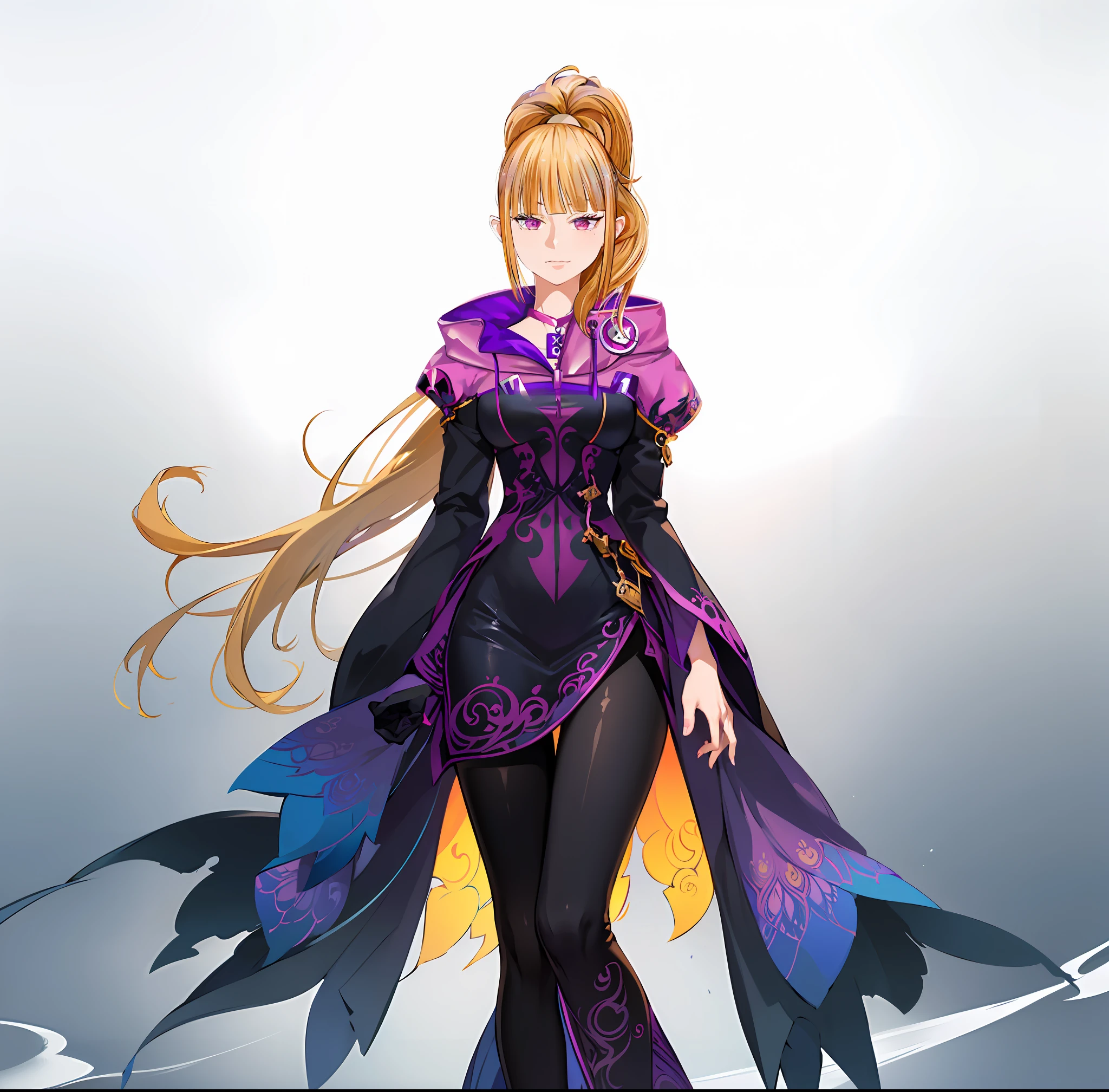 Girl with blonde hair and purple jacket, (masterpiece、top-quality、top-quality、Official art、Beautifully Aesthetic:1.2)、(8Head and body、1girl in:1.3)、ighly detailed、(Fractal Art:1.2)、colourfull、highestdetailed、(Zentangle:1.2)、(Dynamic Pause) 、(Abstract background:1.5)、(dressed casually:1.2)、(shinny skin)、(Many colors:1.4)、
