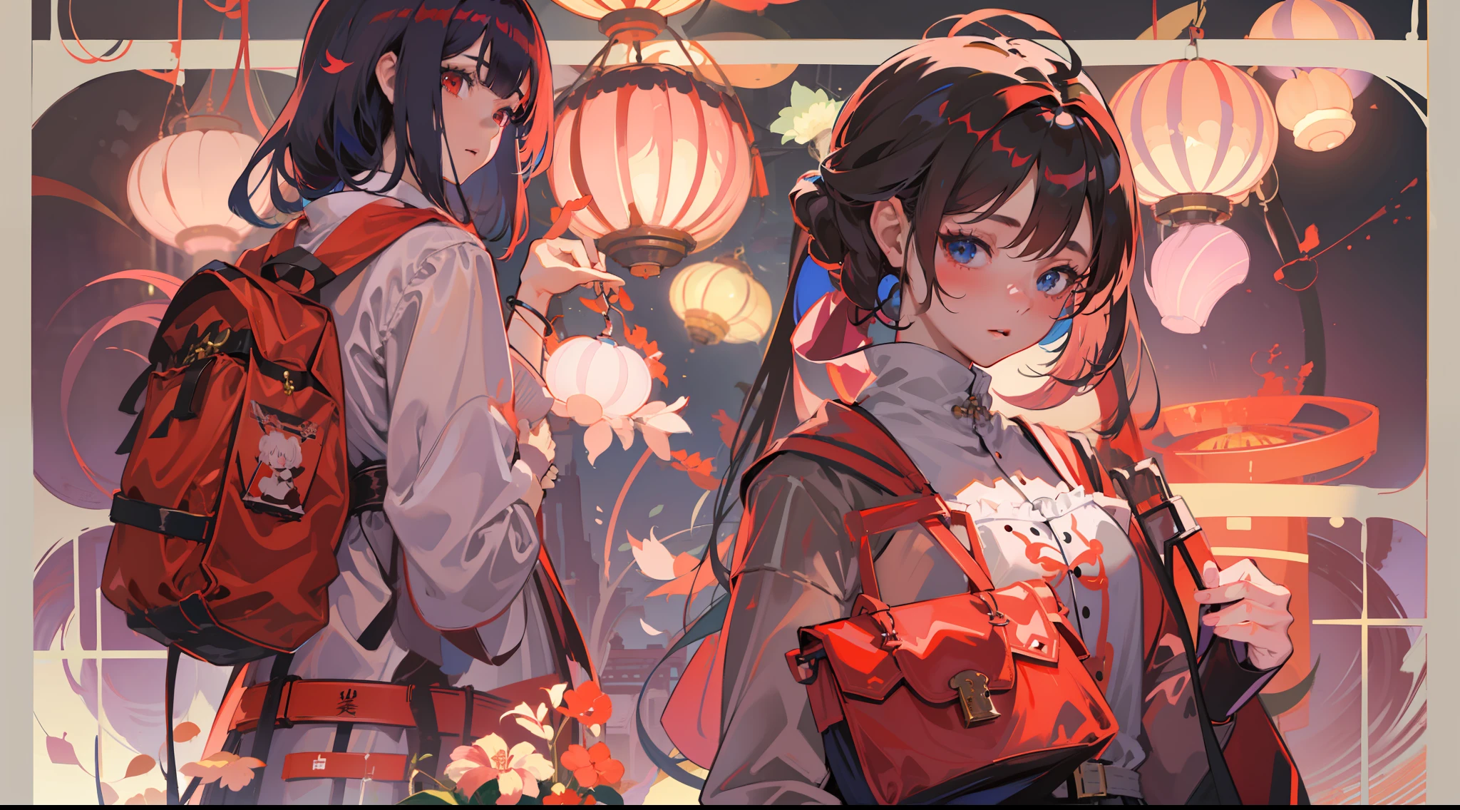 Female anime character with room with lanterns and red bag, anime style 4 k, Trending on CGSTATION, artwork in the style of guweiz, artgerm and atey ghailan, Anime art wallpaper 8k, anime art wallpaper 4k, anime art wallpaper 4k, Trending on ArtStation pixiv, digital art in anime style