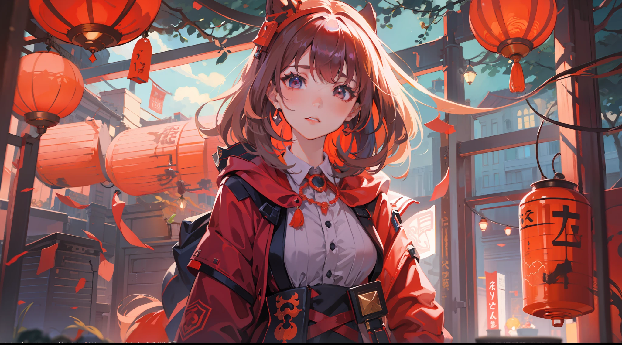Female anime character with room with lanterns and red bag, anime style 4 k, Trending on CGSTATION, artwork in the style of guweiz, artgerm and atey ghailan, Anime art wallpaper 8k, anime art wallpaper 4k, anime art wallpaper 4k, Trending on ArtStation pixiv, digital art in anime style