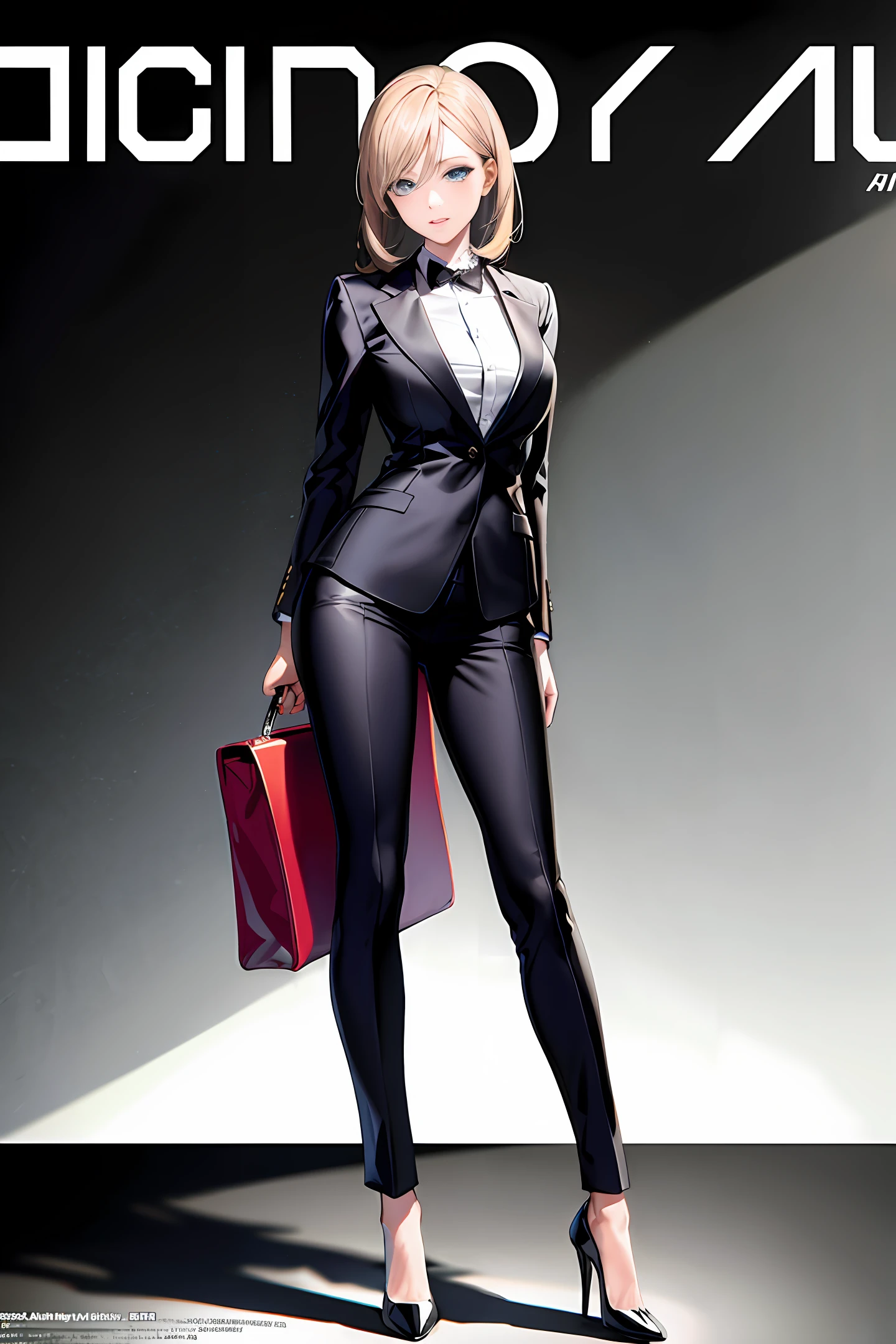 Anime girl with a businessman clothing, a black hair with a bun , a bodyguard holding a pad with a gloves and glasses, a black hair with a brown shade on it