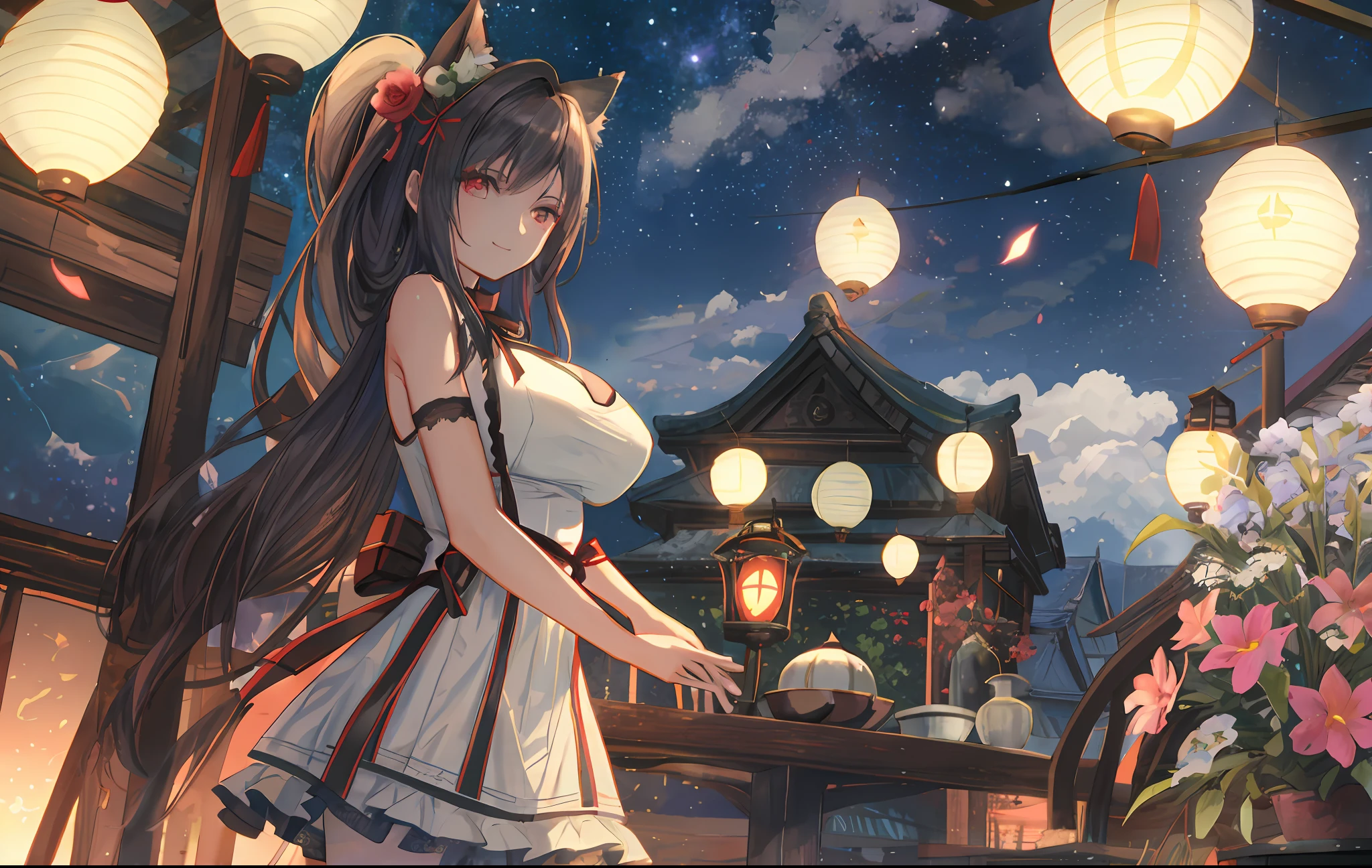 scenecy,ln the forest,villages,ben lo,Skysky,A cloud masterpiece, 1girll, Solo, whaite hair, underbust, Headgear, Light_Smile, ofuda, Porcelain dress, arms folded, full bodyesbian, exteriors, hanging lantern, natta, Eastern dishes, Covered_Nipples