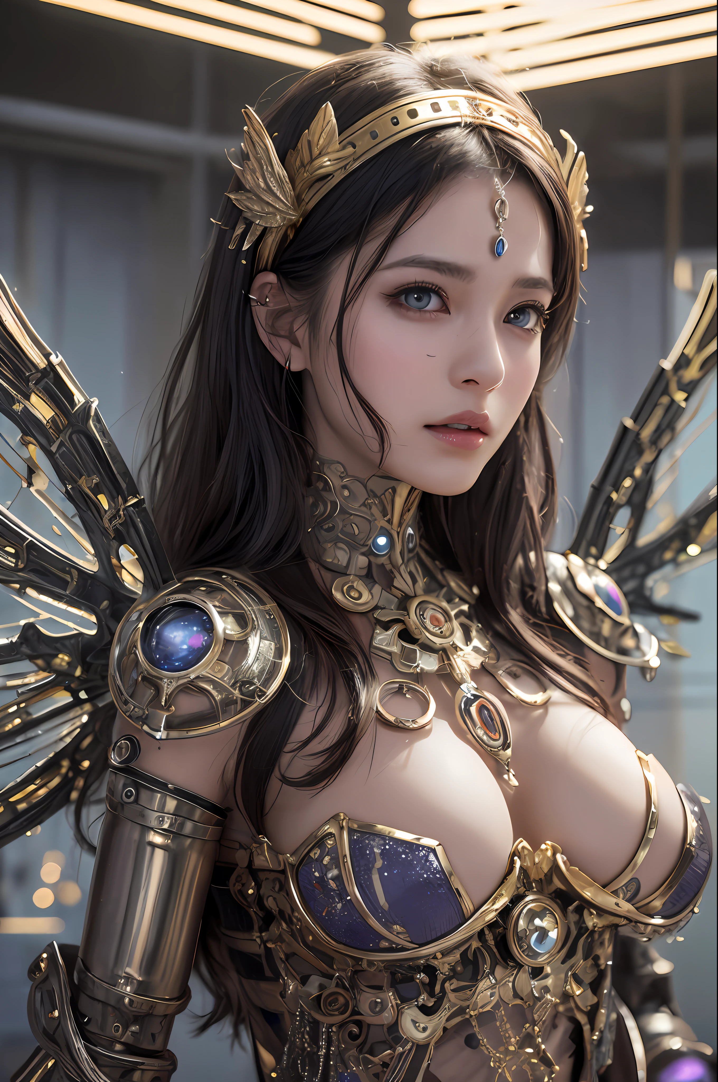 top-quality、masterpiece、超A high resolution、(Photorealsitic:1.4)、Raw photo、1人、Black hair、glowy skin、1 Mechanical Angel、large metal wings、Shining Angel Circle、((super realistic details))、portlate、globalillumination、Shadow、octan render、8K、ultrasharp、Colossal tits、Raw skin is exposed in cleavage、metals、Details of complex ornaments、Steampunk details、Hydraulic cylinder、highly intricate detail、Realistic light、a purple eye、radiant eyes、Facing the camera、neon details、Mechanical limbs、blood vessels connected to tubes、Mechanical vertebrae attached to the back、mechanical cervical attaching to neck、sitting on、Wires and cables connecting to the head、Small LED lamp、Sumerian details、