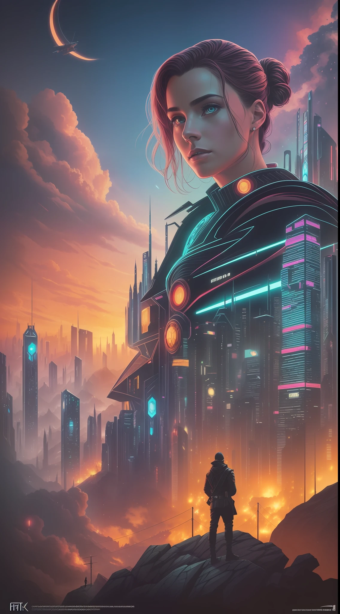 An intricate dramatic portrait of a beautiful, Sci-Fi (medieval fantasy)1.2 At the top of a rocky mountain overlooking the futuristic City, cinematic shot from the film, Blade Runner 2049, Altered carbon, (analog style)1.3 (film grains)1.3, (beste-Qualit, hiquality, intricate detials, tmasterpiece, Filmic), higly detailed, saturated colors, 64k, Full HD, poster