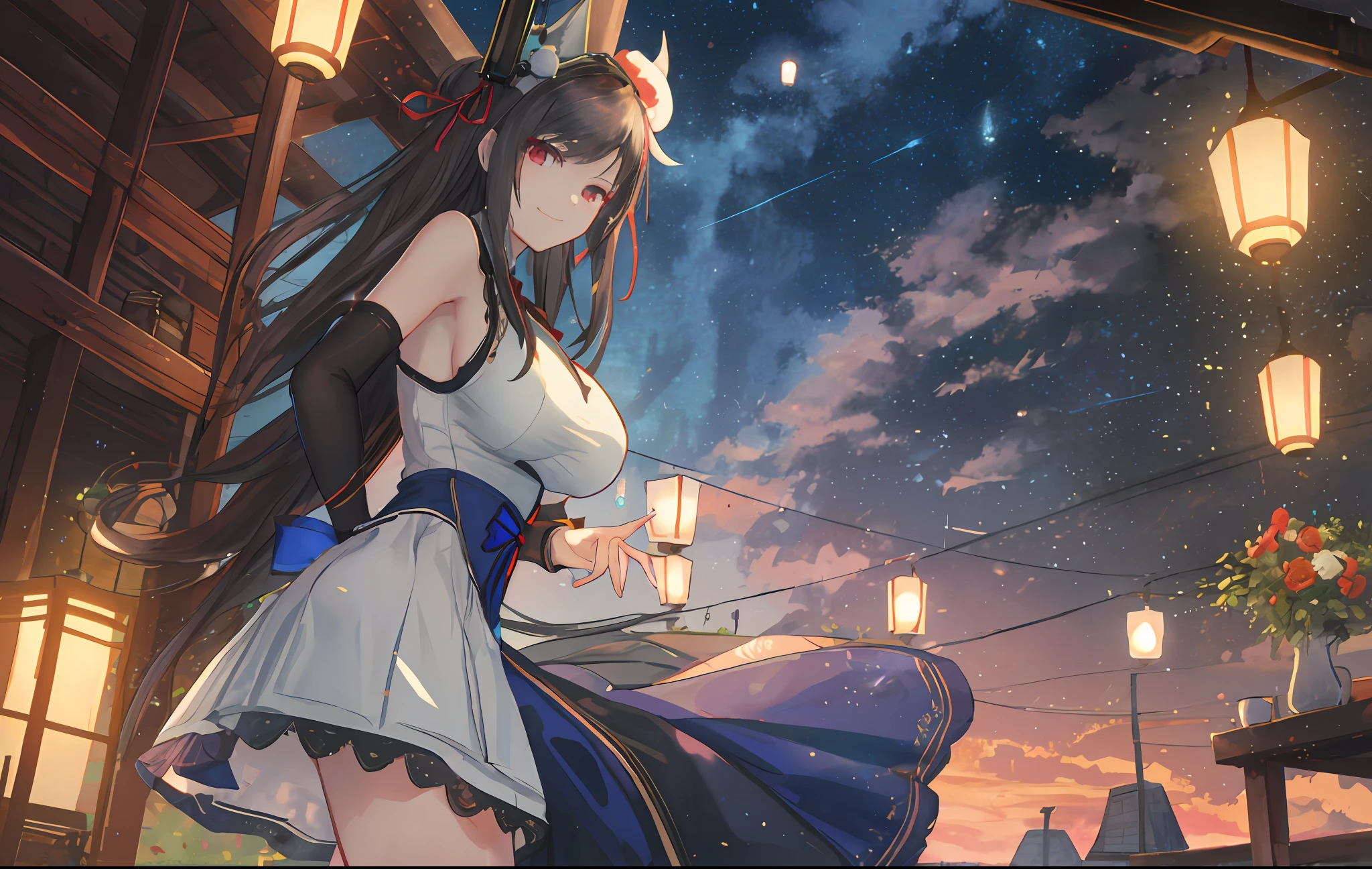 scenecy,ln the forest,villages,ben lo,Skysky,A cloud masterpiece, 1girll, Solo, whaite hair, underbust, Headgear, Light_Smile, ofuda, Porcelain dress, arms folded, full bodyesbian, exteriors, hanging lantern, natta, Eastern dishes, Covered_Nipples