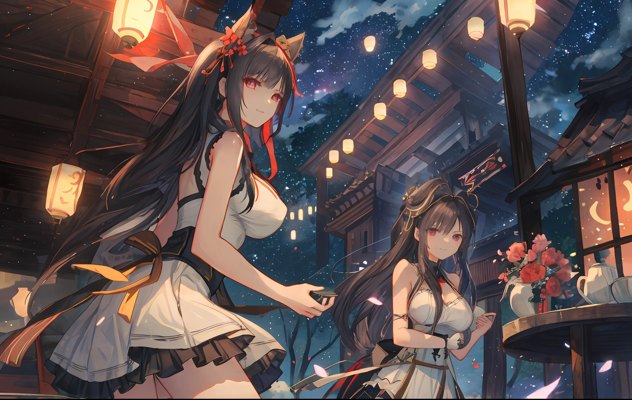 scenecy,ln the forest,villages,ben lo,Skysky,A cloud masterpiece, 1girll, Solo, whaite hair, underbust, Headgear, Light_Smile, ofuda, Porcelain dress, arms folded, full bodyesbian, exteriors, hanging lantern, natta, Eastern dishes, Covered_Nipples