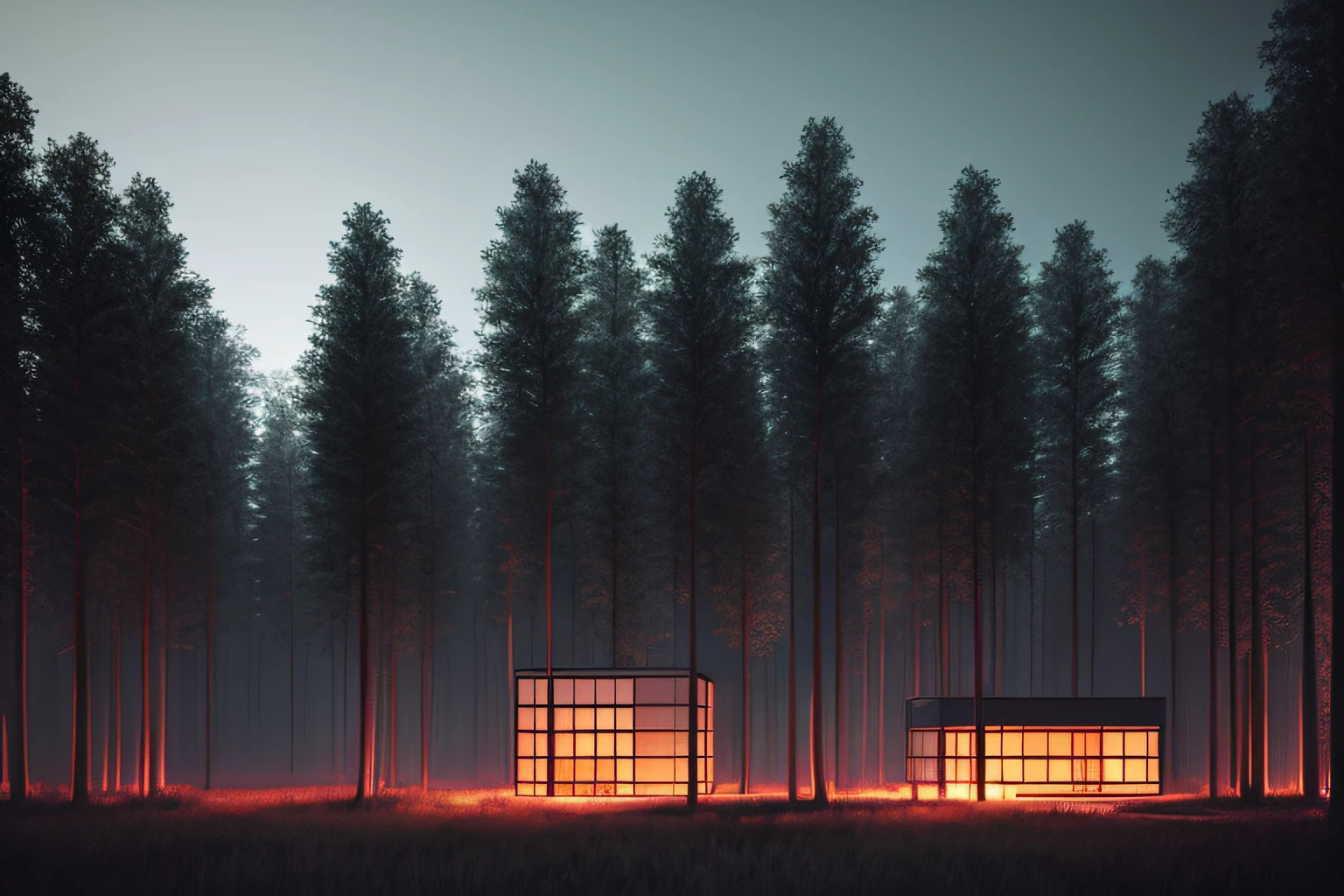 nature, epic minimalsitic building in the center, dark, fade, warm, glow at night, raw, hdr, (forest:1.3), cinematic, a digital 3d render of a building, Red building, slate grey, dramatic light, architecture