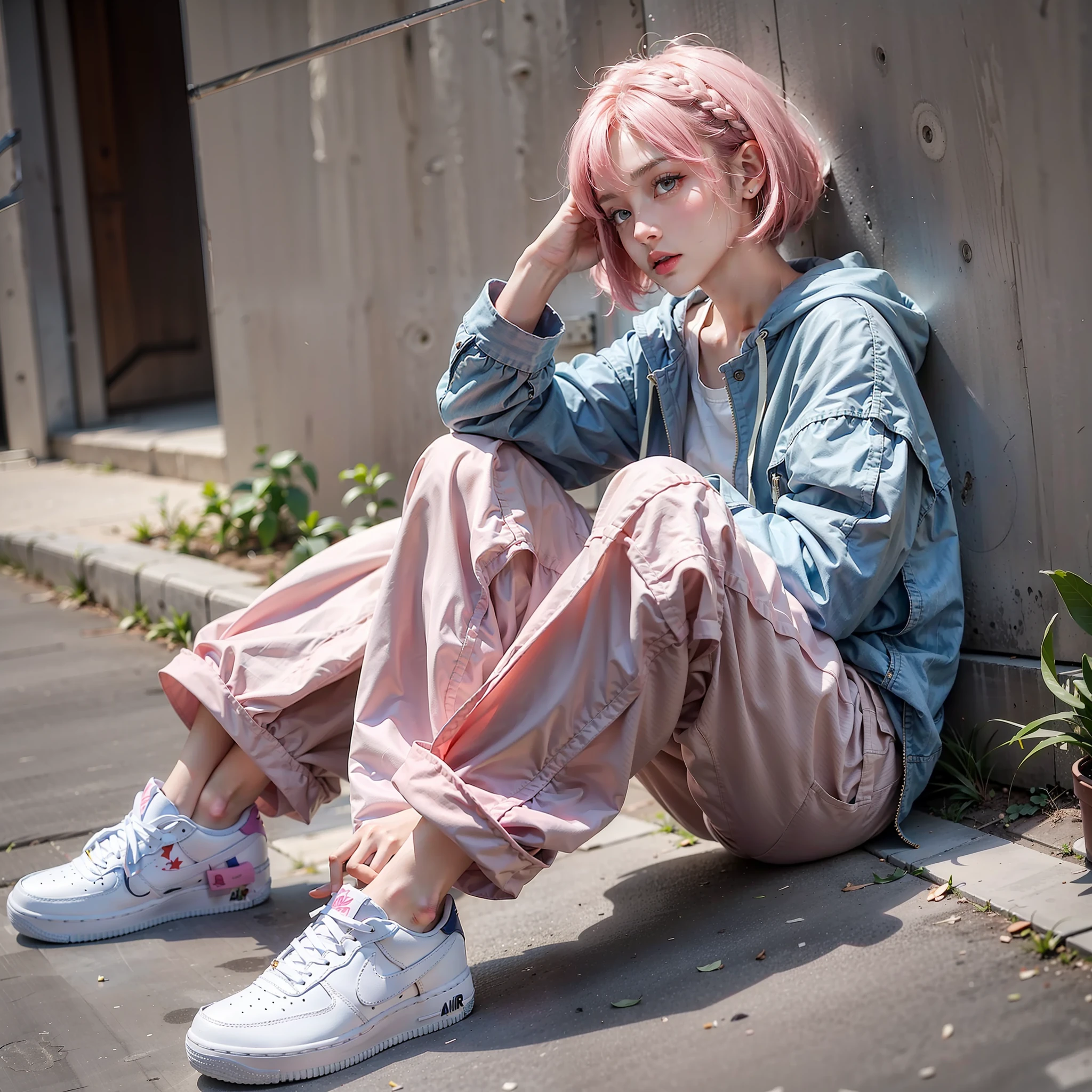 24 years old female model，a matural female，of hair，Very loose pants are pink，Particularly bright light，Short hairstyle，Air Force board shoes