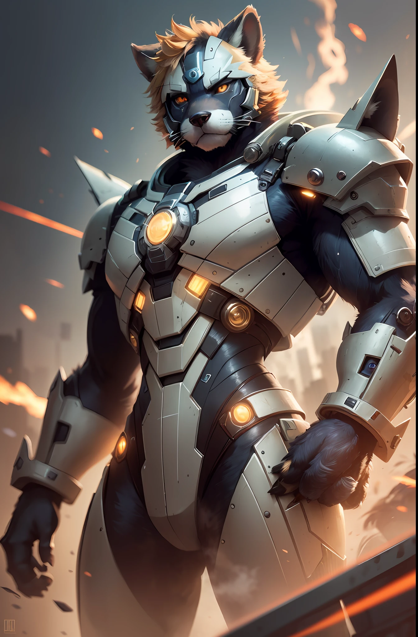 Dutch Angle, perspective, top quality, flying though the air, masterpiece, Dark Fantasy, Cyberpunk, steam punk(super handsome boy, single, kemono)Mechanical marvel, Robotic presence, Cybernetic guardian, wearing a worn-out mech suit, intricate(steel metal, rusty)(furry anthro:1.7)(Furry body, dog facial features, dog body features)elegant, clear focus, shot by greg rutkowski, soft lighting, vibrant colors, Beam from the palm, masterpiece((street))cowboy shot, dynamic pose, hero pose,