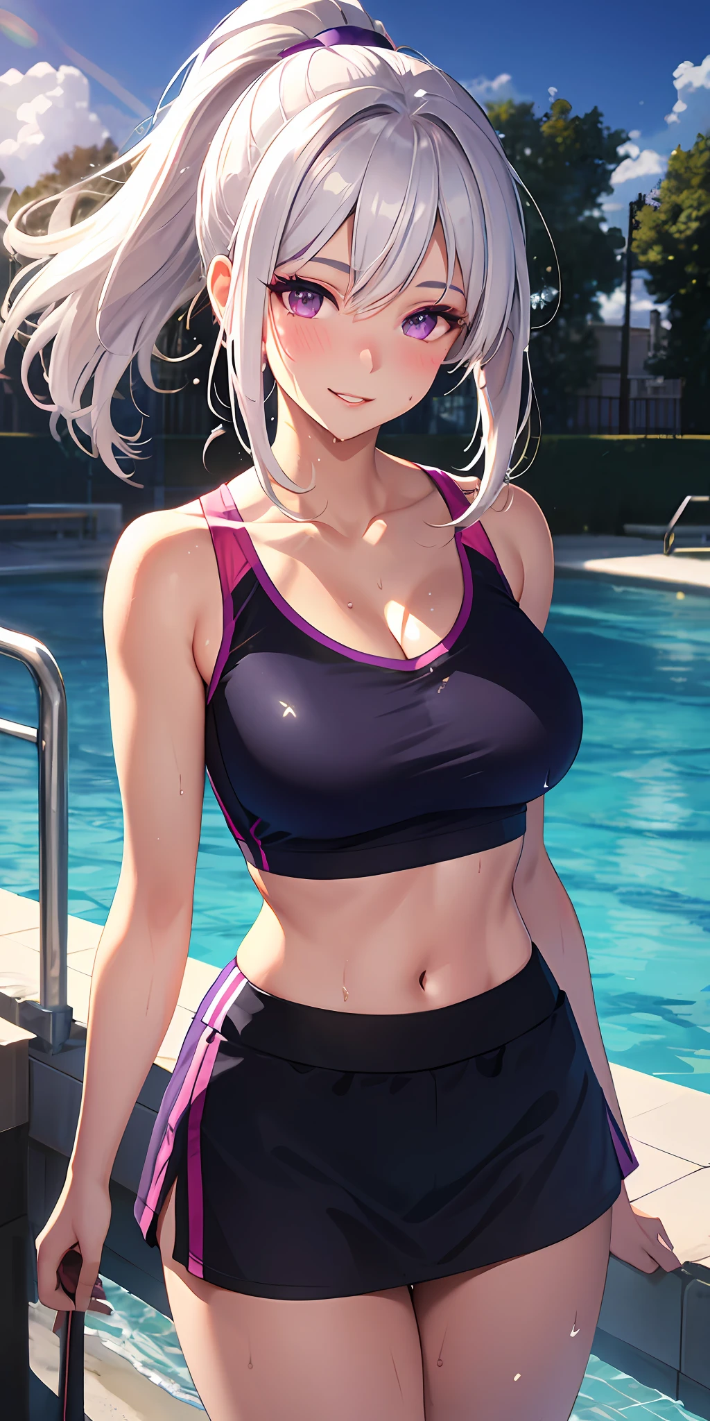 realistic, 1girl, ponytail, parted lips, blush, makeup, light smile, white hair, sportswear, skirt, wet clothes, glow, thighs, purple eye, bare shoulders, collarbone, narrow waist, sunbeam, sunlight, rose, wind, cleavage, (masterpiece), sweat,