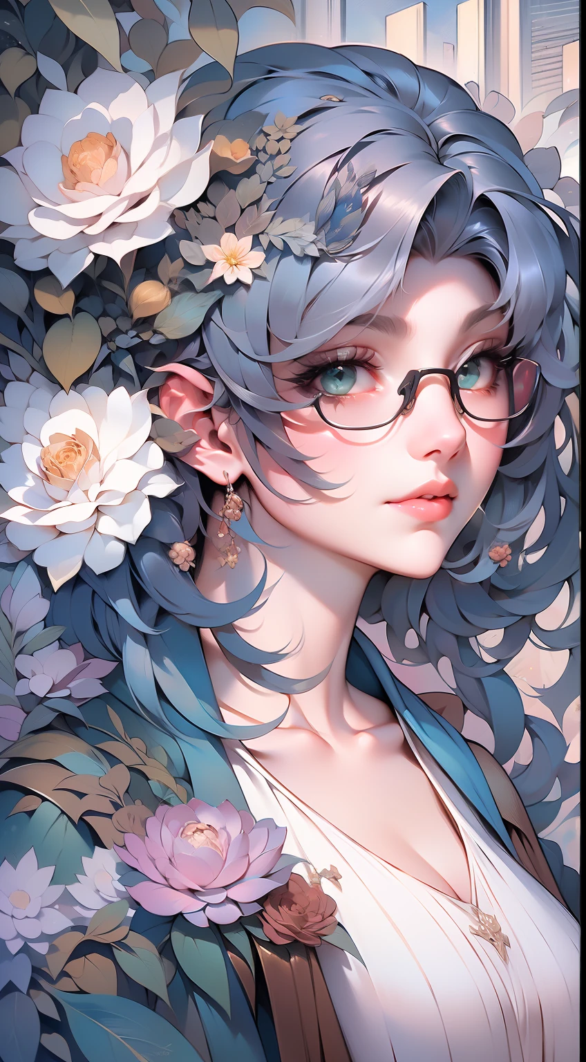 drawing of a woman with blue green color parted shoulder length hair no front bang and having glasses with flowers in her hair,korean art nouveau anime, beautiful anime artwork, artgerm and james jean, anime art nouveau, beautiful anime art, the flower prince, a beautiful artwork illustration, detailed anime character art, digital art on pixiv, anime fantasy illustration, detailed digital anime art, beautiful fantasy anime, clean detailed anime art, 2 d anime style, decora inspired illustrations, inspired by Yumihiko Amano, anime girl with teal hair, anime style portrait, beautiful anime art style, portrait of jinx from arcane, manga art style, anime style illustration, anime art style, extremely fine ink lineart, black and white manga style, black and white line art, ink manga drawing, intense line art, pencil and ink manga drawing, intense black line art, in style of manga, exquisite line art, perfect lineart,exquisite line art, exquisite digital illustration, detailed digital drawing, black and white coloring, digital anime illustration, a beautiful artwork illustration, detailed matte fantasy portrait, beautiful,(Daylight,autumn, Best quality, 8k, Masterpiece :1.3)), Whole body, Long legs, Sharp focus :1.2, A pretty woman with perfect figure wearing smart haute couture dress :1.4, Slender abs :1.1, ((Dark brown hair, small breasts :1.2)), (White tight tshirt, Jean bib, Standing:1.2), ((Night city view, Rooftop:1.3)), Highly detailed face and skin texture, Detailed eyes, Double eyelid,( watercolor \(medium\), IrisCompiet:1.2),abstract background, fantasy, many colors, wind blowing,masterpiece, best quality, (extremely detailed CG unity 8k wallpaper), (best quality), (best illustration), (best shadow), absurdres, realistic lighting, (Abyss), beautiful detailed glow,clear face, clean white background, masterpiece, super detail, epic composition, ultra HD, high quality, extremely detailed, official art, uniform 8k wallpaper, super detail, 32k -- v 6