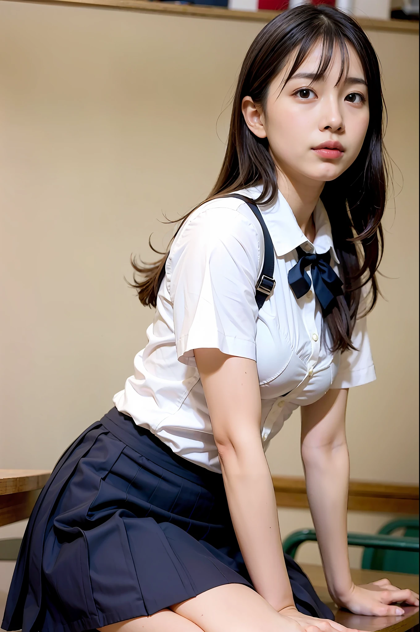 Raw photo, 8K, Highest Quality, 超A high resolution, beautiful faces detailed, Real Human Skin, , Front view, Angle from below, Realistic, Realistic, Cute, Short skirt, ‎Classroom, Cute Schoolgirl, Japanese  Schoolgirl Uniform, wearing japanese school uniform, Surreal High School Girl, Full body, Loose and fluffy hair、(nffsw:1.5)、(white  shirt,Blake Black Bra)、