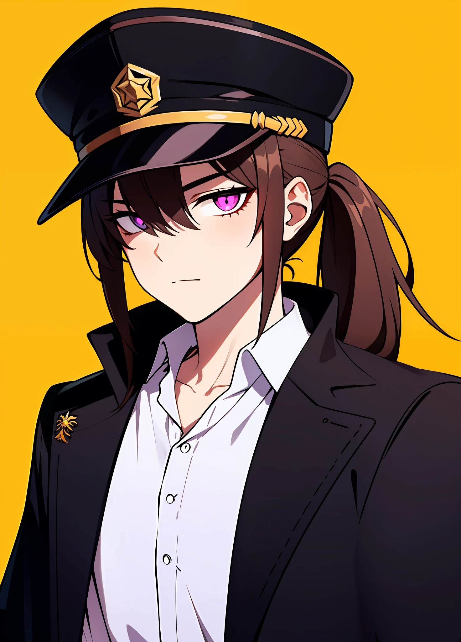Bangs brown hair+(Devil's pupils+Purple eye)+(Black cape)+(White shirt)+(Black coat:0.91)+(pony tails)+Anime style+Teenage uncensored+cool guy+Male general,Peaked hat