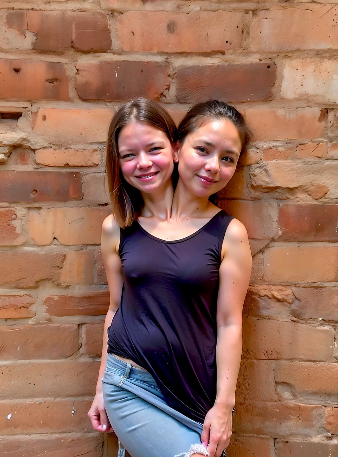 2heads, two headed girl, mom and daughter, (different ages:1.5), (one torso:1.5), (female:1.5), (caucasian:1.5), (two heads attached to one body:1.4), conjoined twins, heads side by side, one torso, young, uncomfortable, barefoot