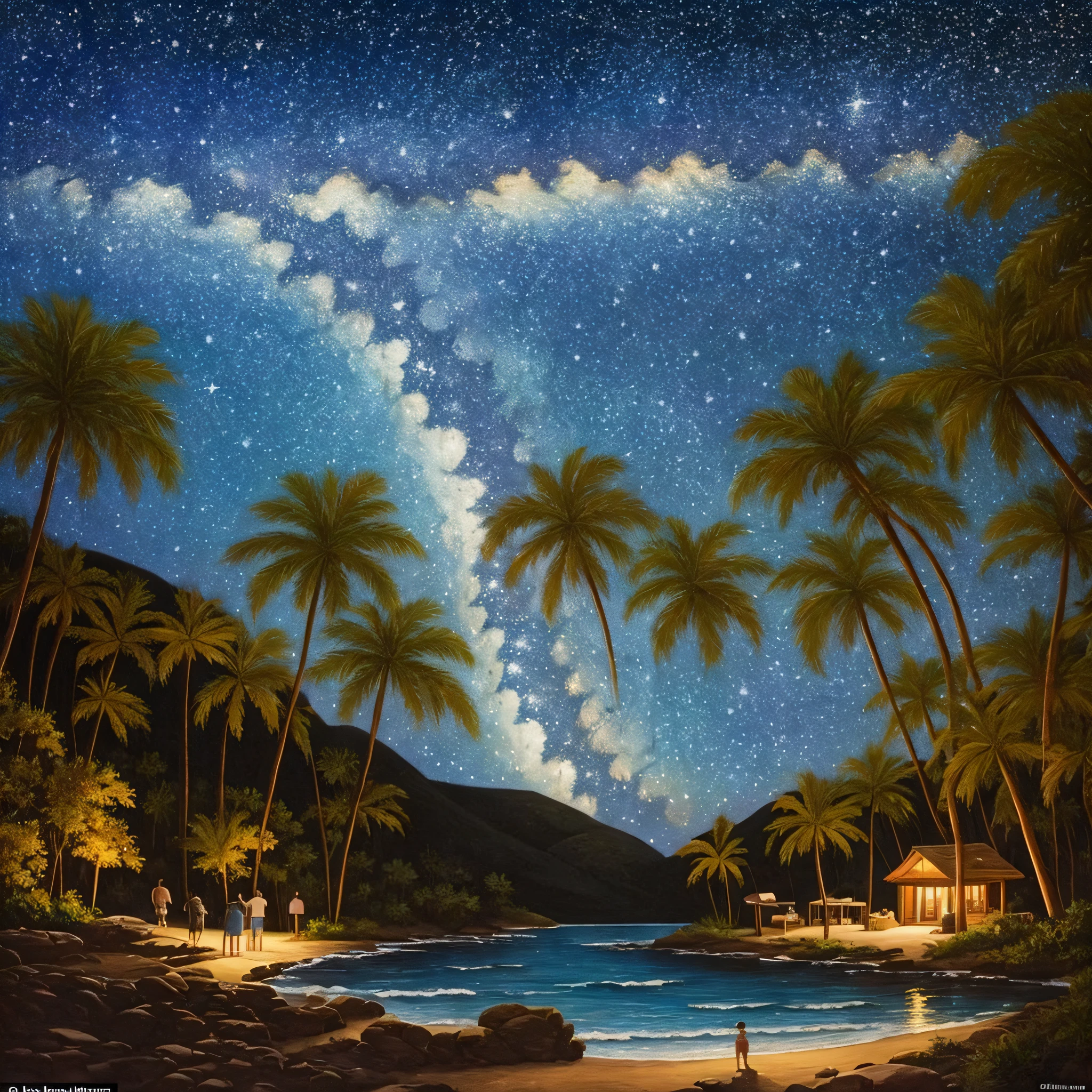 nighttime scene，beachside，An adult male looks up at the stars for a quarter，The painting style is dark，The starry sky shows Aries，feeling of solitude ，
