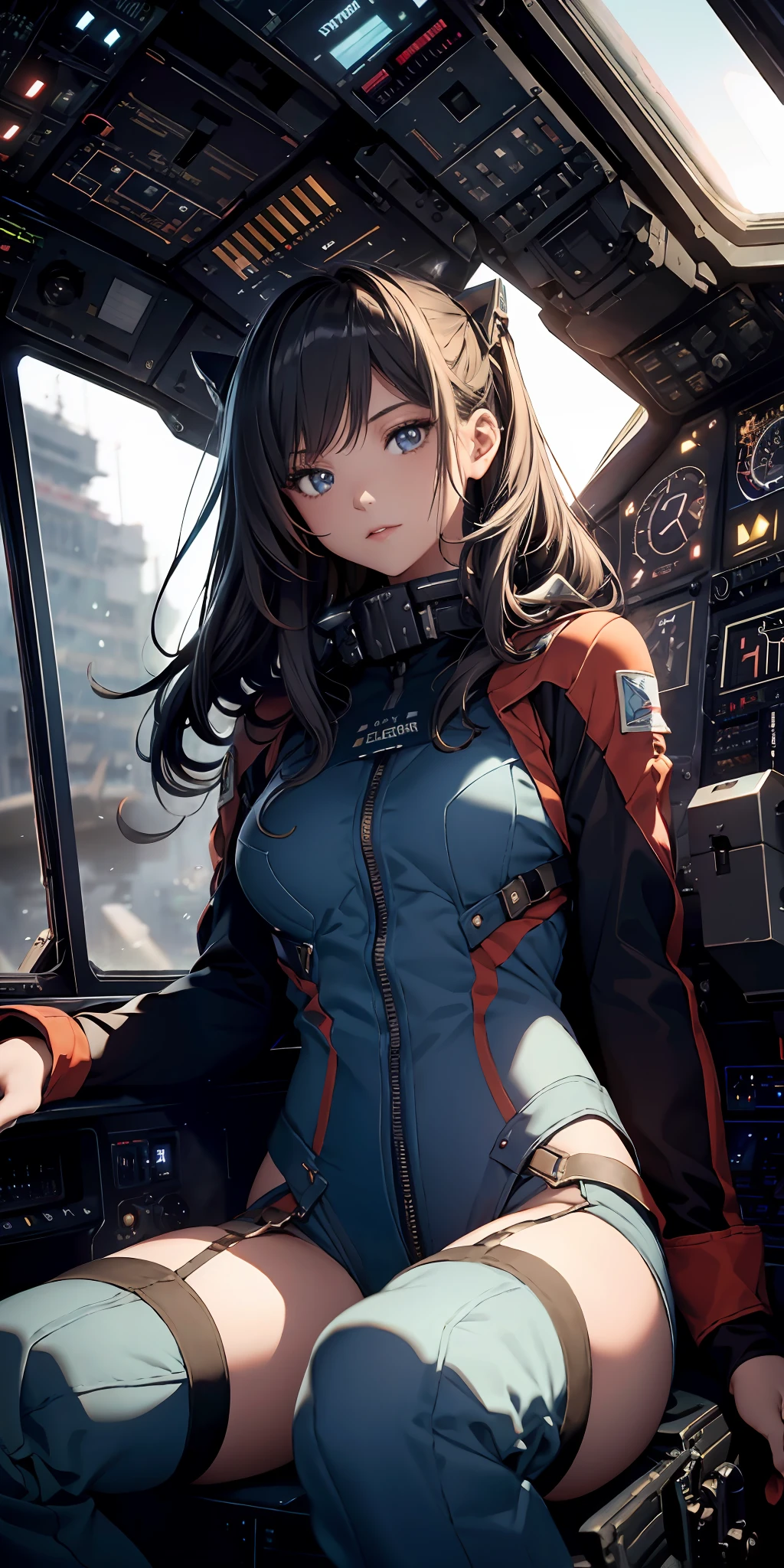 Cosmic battlefield, A high resolution, (巨作:1.4), A highly detailed, 1girll, From the observation deck,Perspective inside the warplane, Sitting in the cockpit of a fighter, In cockpit driving, Gladiator suit, Sharp focus, (Cinematic lighting), (1girll), Slight smile,