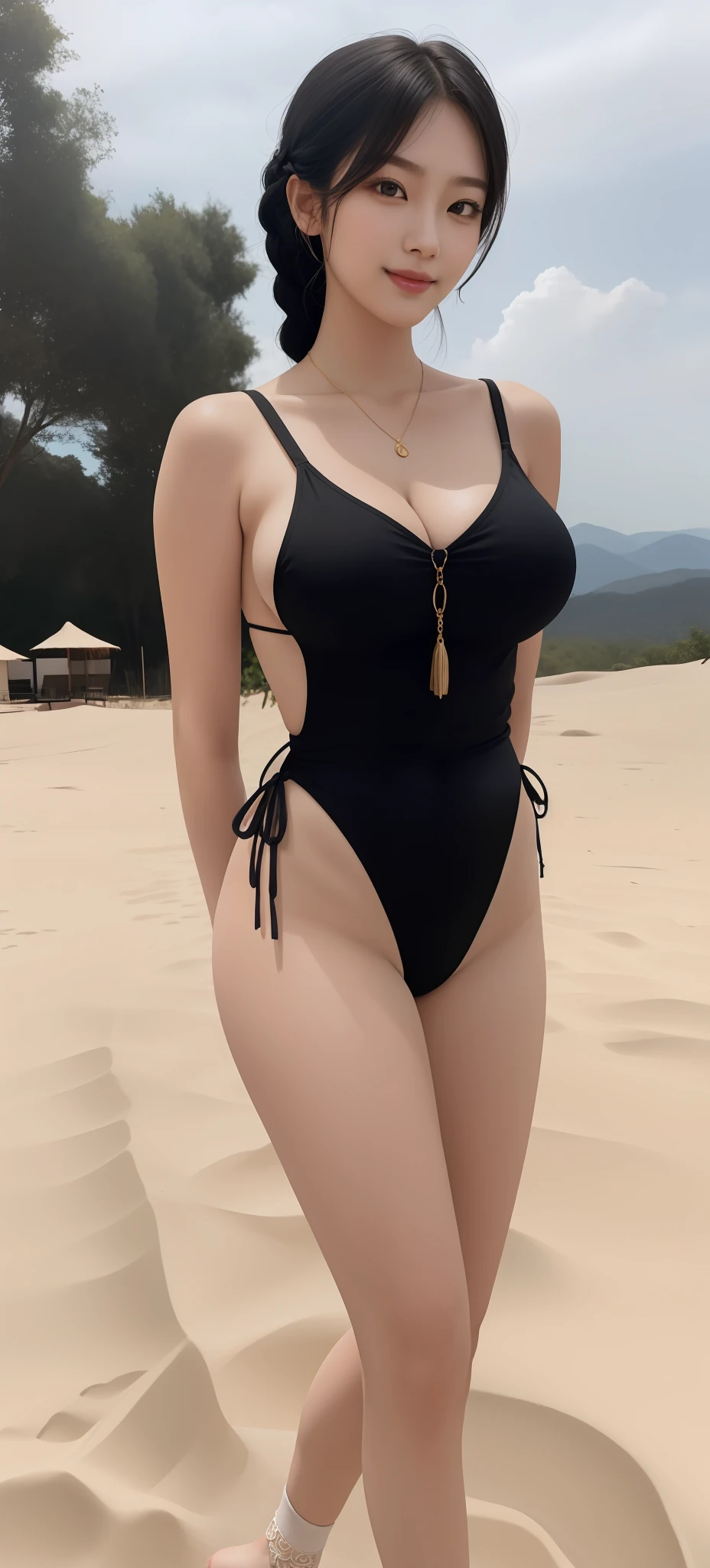 An Idol k-pop girl, (cute face, lewd face), braid hair, intricate face details, detailed face, golden ratio face, ((huge breasts:1)), ((large breasts:1)), (gaint breasts:1)), ((big breasts:1)), ((slim waist, big butt, big hip, big thighs)), ((intricate hands, detailled hands)), ((intricate feets, detailled feets)), (she is sexually aroused), (full body), 64K, UHD, HDR, global illumination, (high quality, high detailed, hyper detailed, extremely detailed), photo realistic, ultra realistic, art photo, (clarify the details, detailed parts body), intricate artwork masterpiece, trending on artstation, (shoft smile), (polished skin:1,9), look at viewer, tight clothes, walking, sand , trees, plants, mountain, sky, clouds